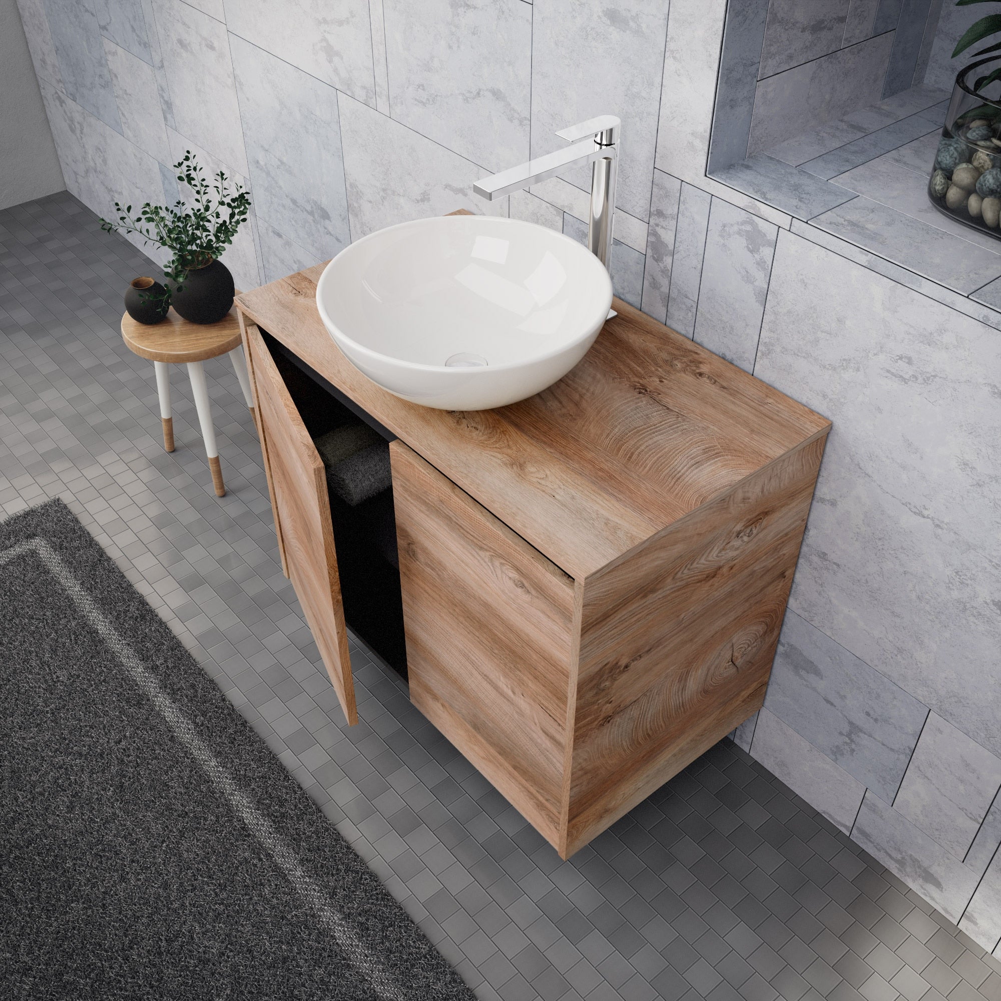 Inda - Mobile bagno L.80 con lavabo in appoggio / Rovere naturale 2 ante - Zaffiro