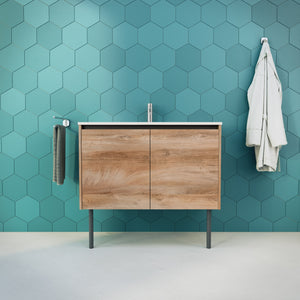 Inda - Mobile bagno L.100 con lavabo lucido / Rovere naturale 2 ante - Zaffiro