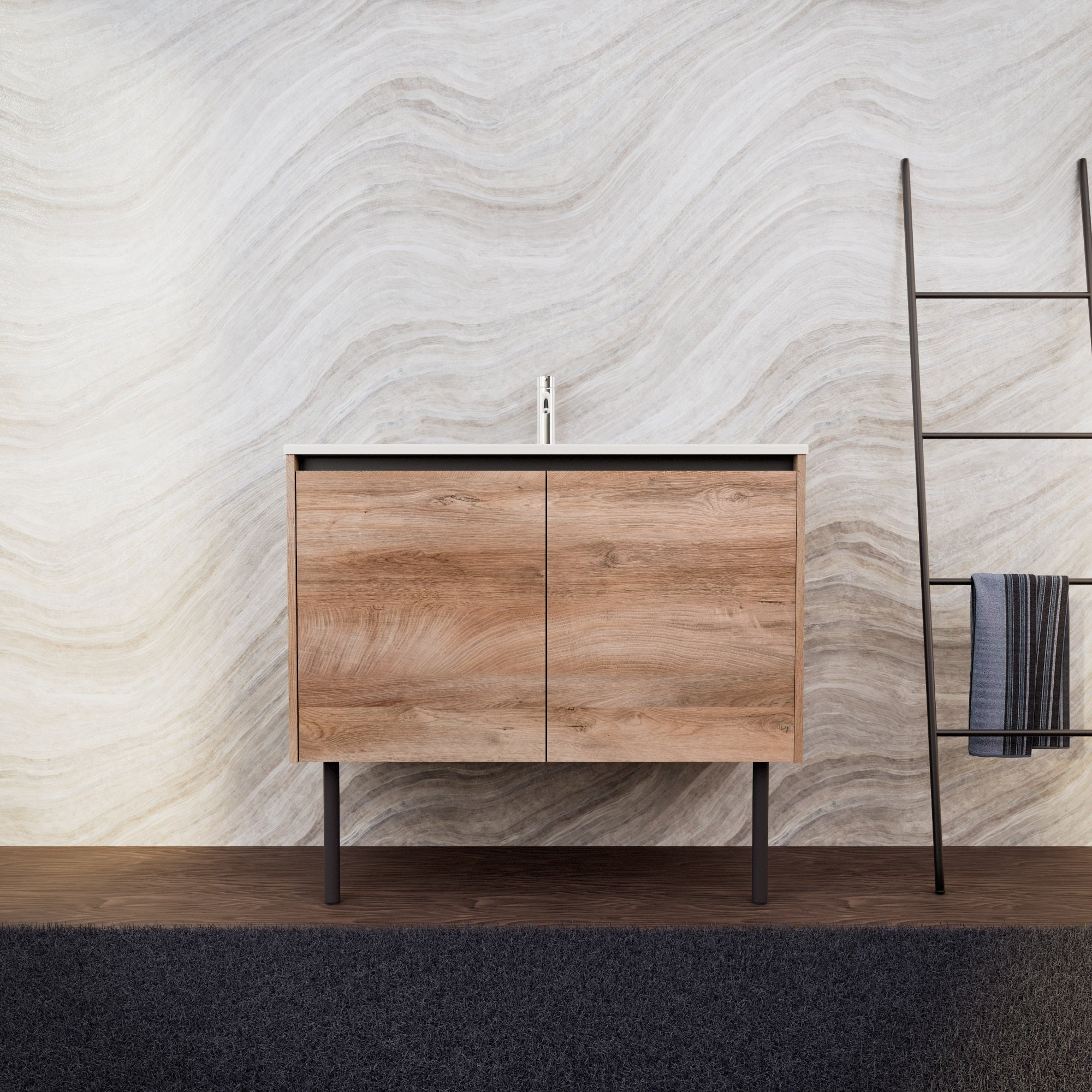 Inda - Mobile bagno L.100 con lavabo opaco / Rovere naturale 2 ante - Zaffiro