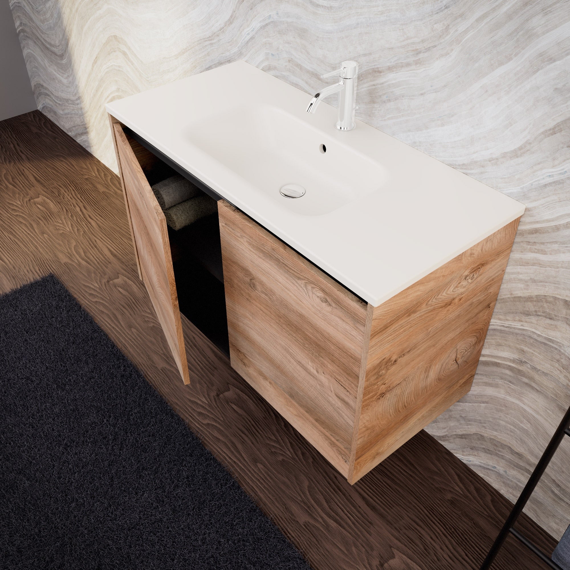 Inda - Mobile bagno L.100 con lavabo opaco / Rovere naturale 2 ante - Zaffiro