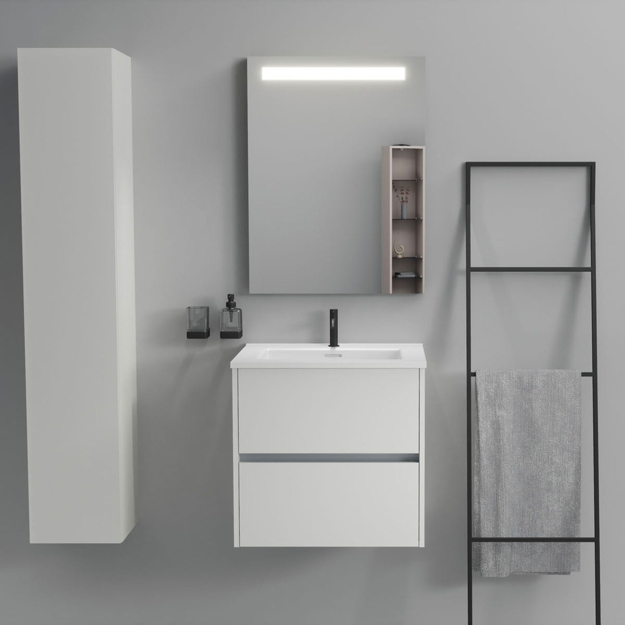 Inda - Mobile bagno 2 cassetti L.60 con lavabo specchio illuminato - Bianco opaco
