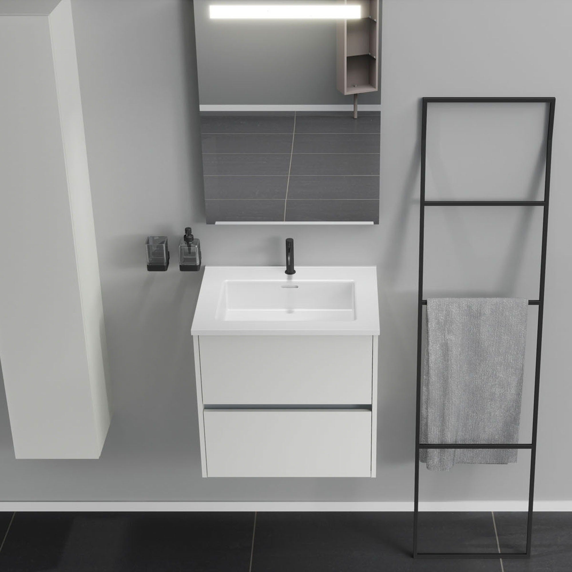 Inda - Mobile bagno 2 cassetti L.60 con lavabo specchio illuminato - Bianco opaco