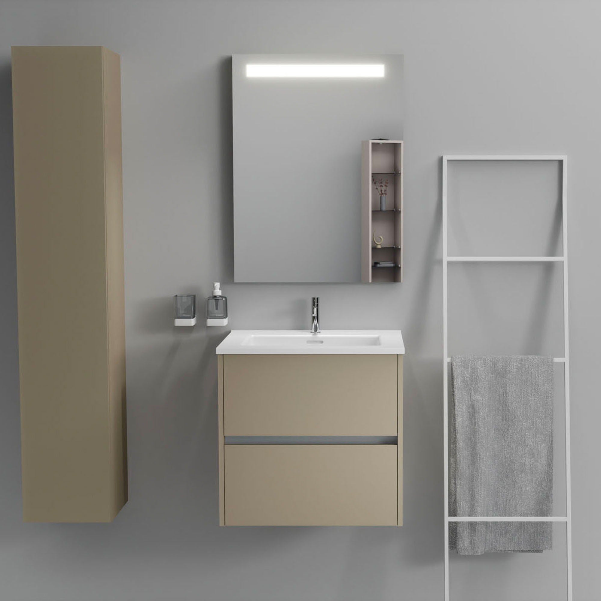 Inda - Mobile bagno 2 cassetti L.60 con lavabo specchio illuminato - Terra di luna opaco
