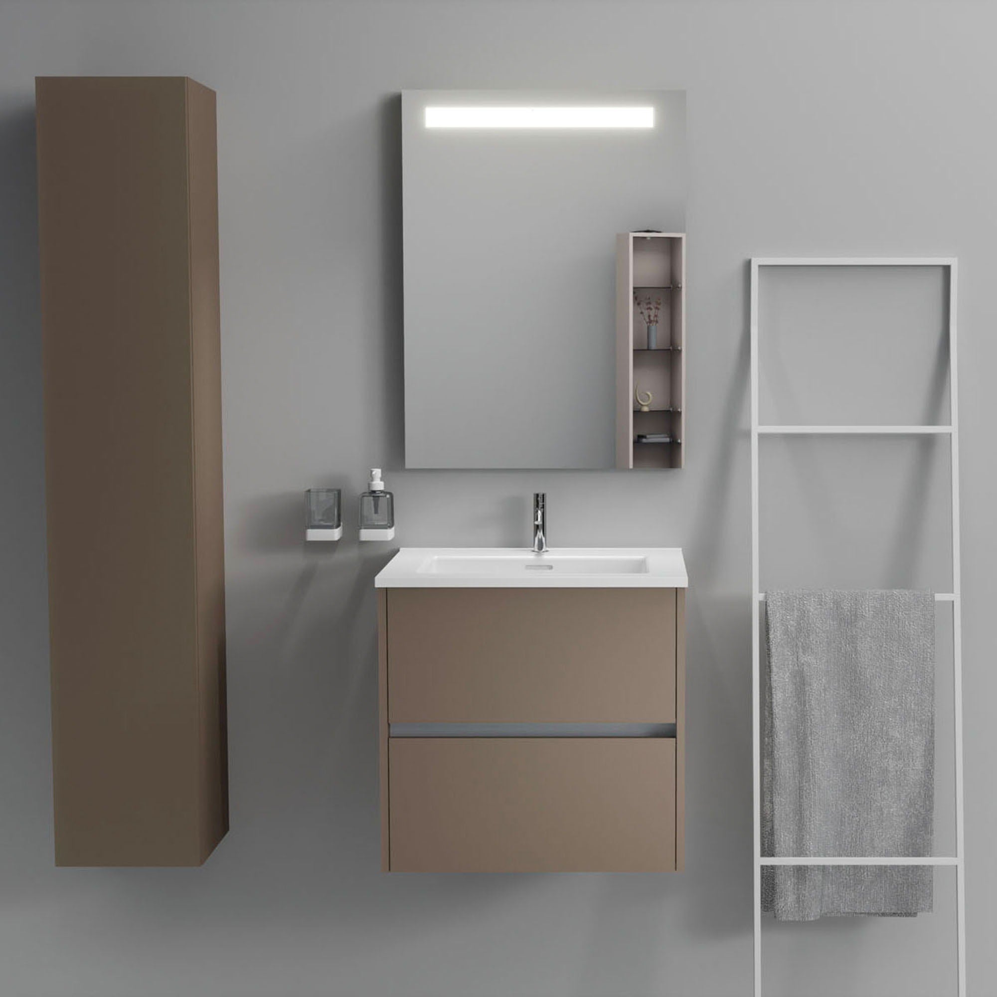 Inda - Mobile bagno 2 cassetti L.60 con lavabo specchio illuminato - Visone opaco