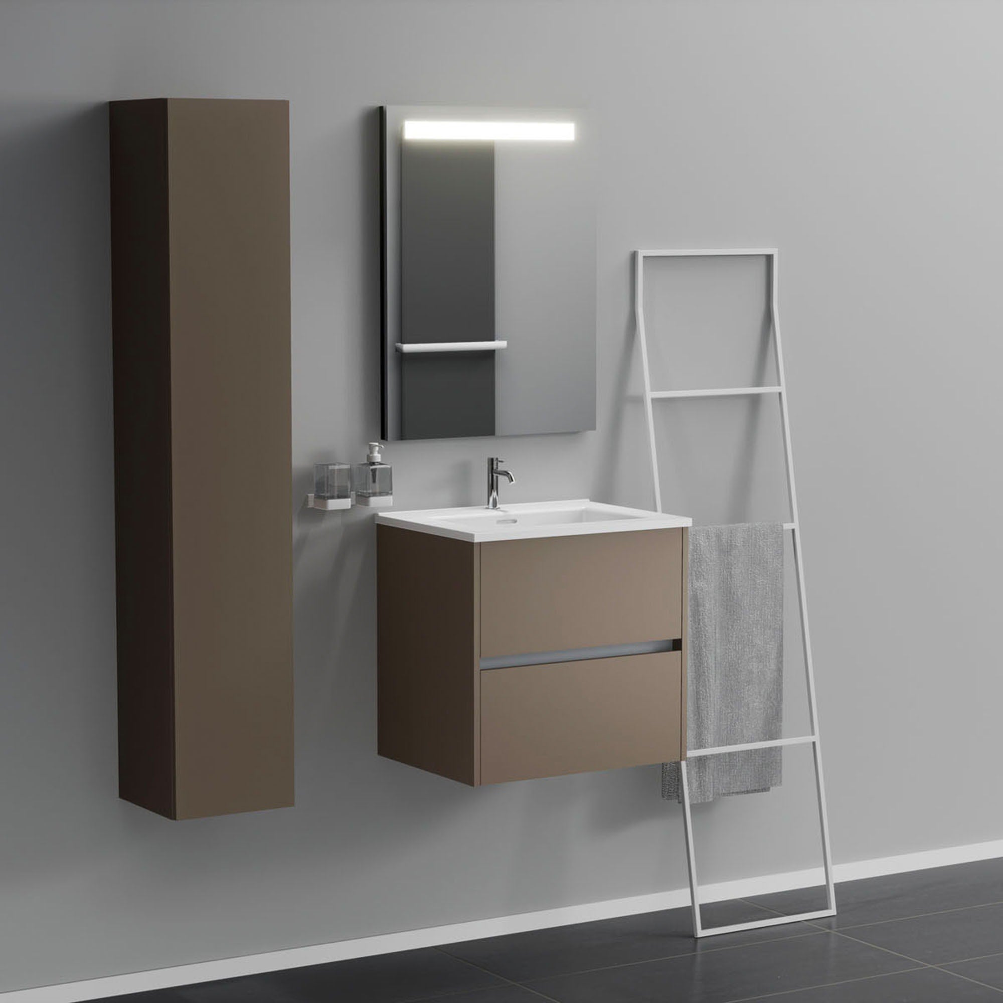 Inda - Mobile bagno 2 cassetti L.60 con lavabo specchio illuminato - Visone opaco