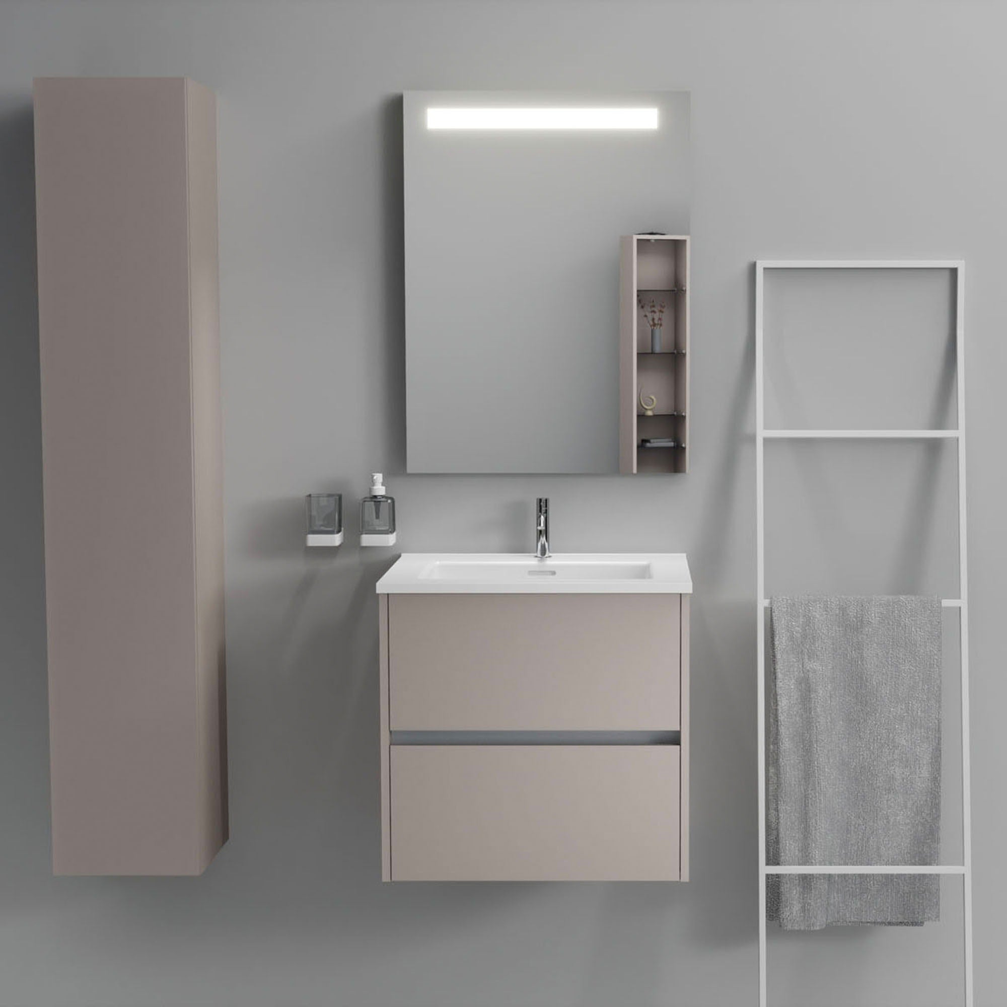 Inda - Mobile bagno 2 cassetti L.60 con lavabo specchio illuminato - Avorio opaco