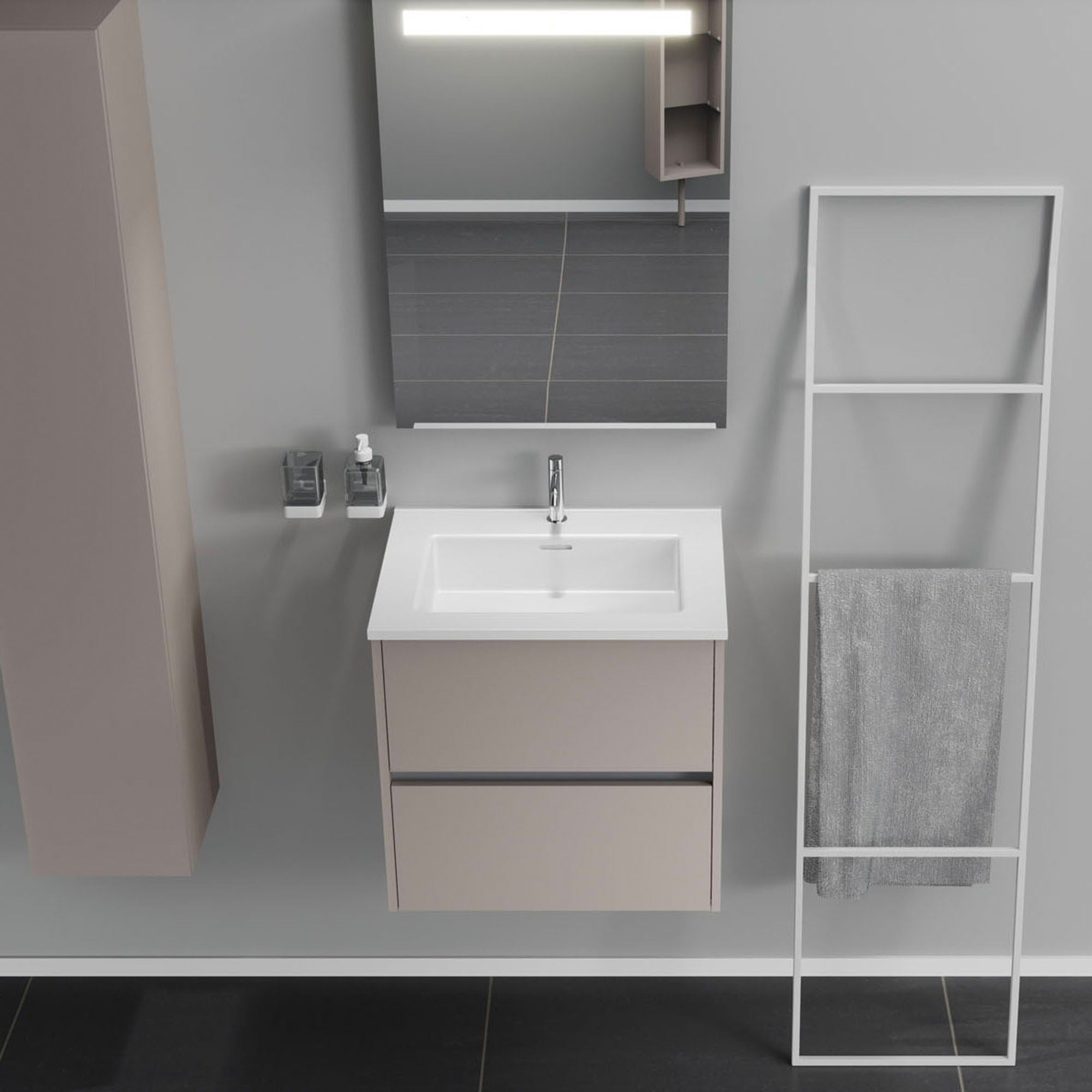 Inda - Mobile bagno 2 cassetti L.60 con lavabo specchio illuminato - Avorio opaco