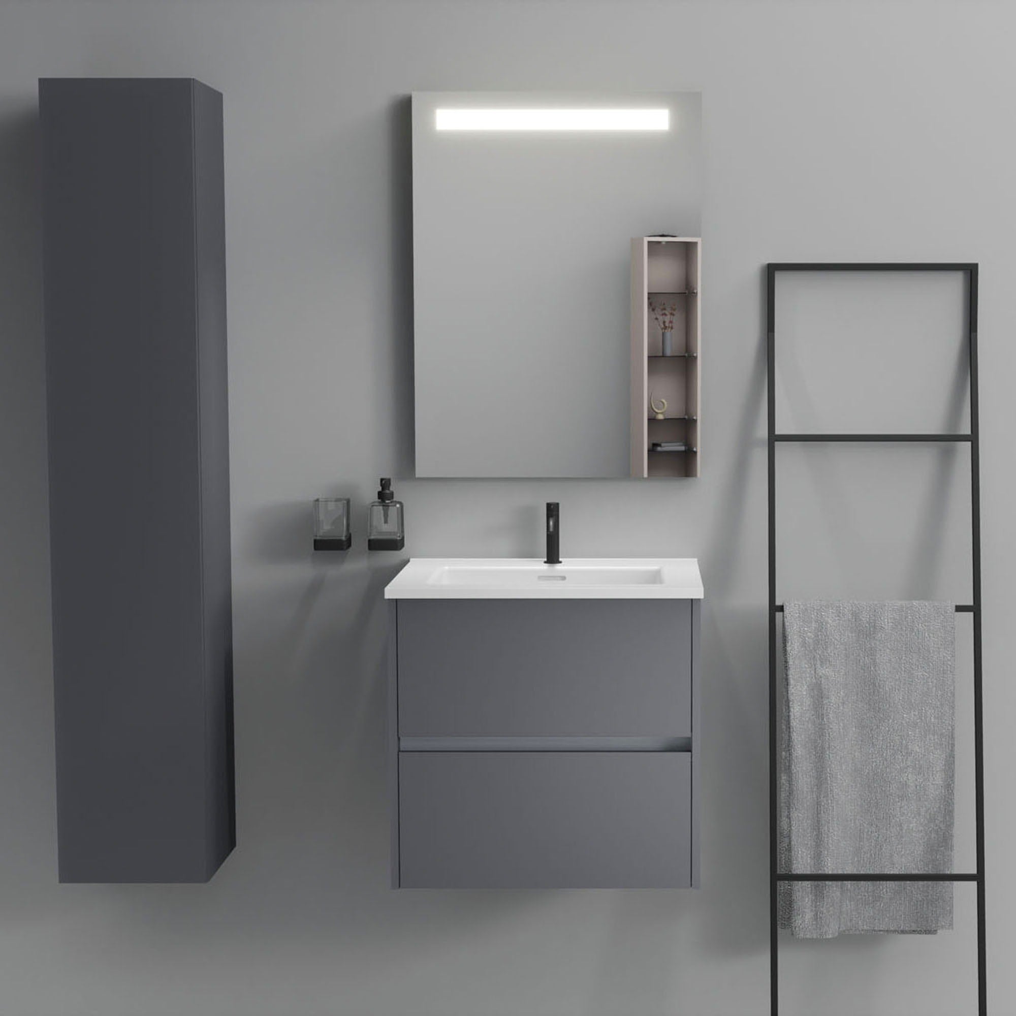 Inda - Mobile bagno 2 cassetti L.60 con lavabo specchio illuminato - Titanio opaco