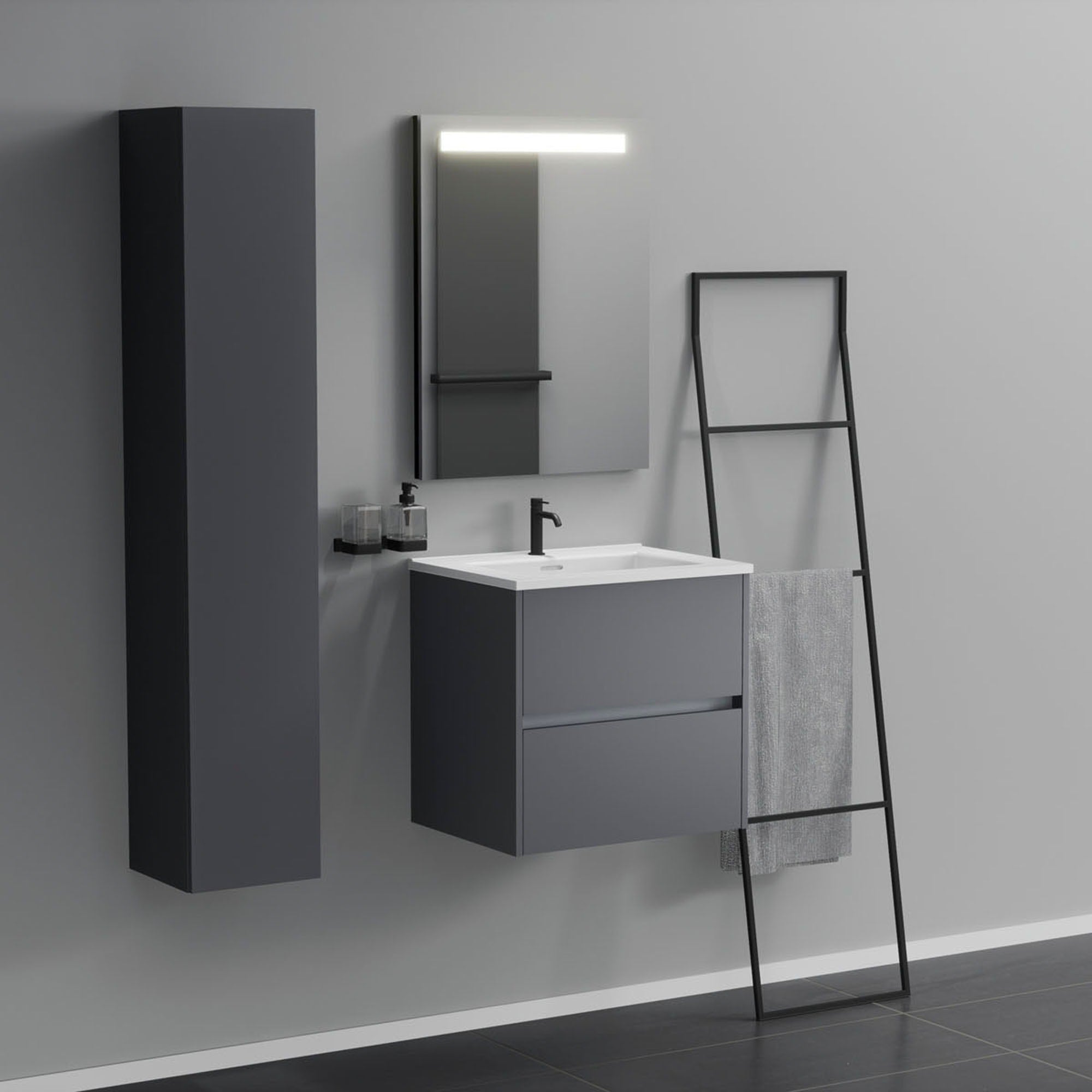 Inda - Mobile bagno 2 cassetti L.60 con lavabo specchio illuminato - Titanio opaco