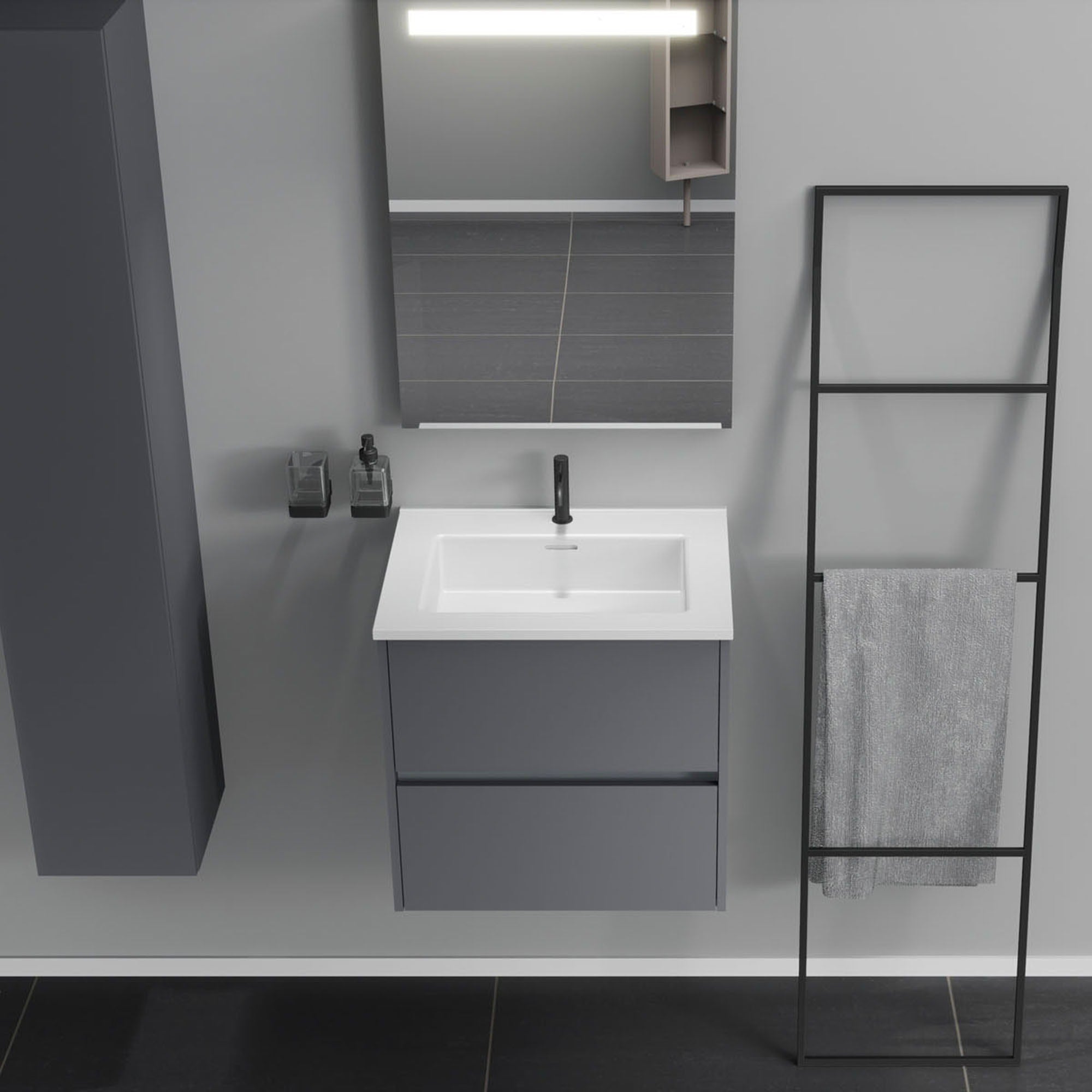 Inda - Mobile bagno 2 cassetti L.60 con lavabo specchio illuminato - Titanio opaco