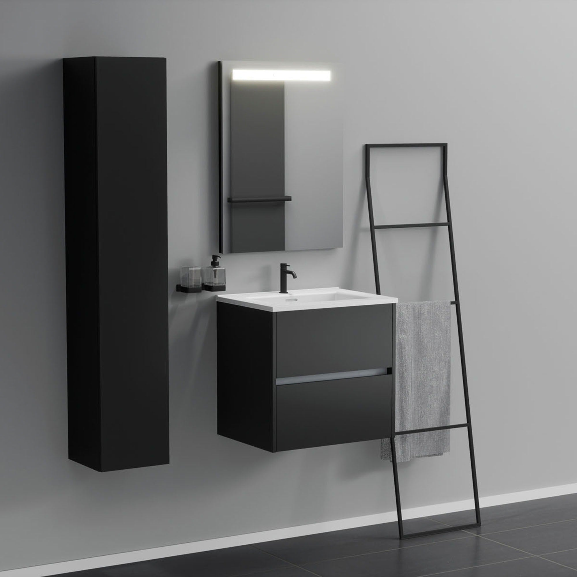 Inda - Mobile bagno 2 cassetti L.60 con lavabo specchio illuminato - Nero opaco