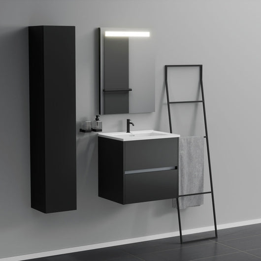 Inda - Mobile bagno 2 cassetti L.60 con lavabo specchio illuminato - Nero opaco