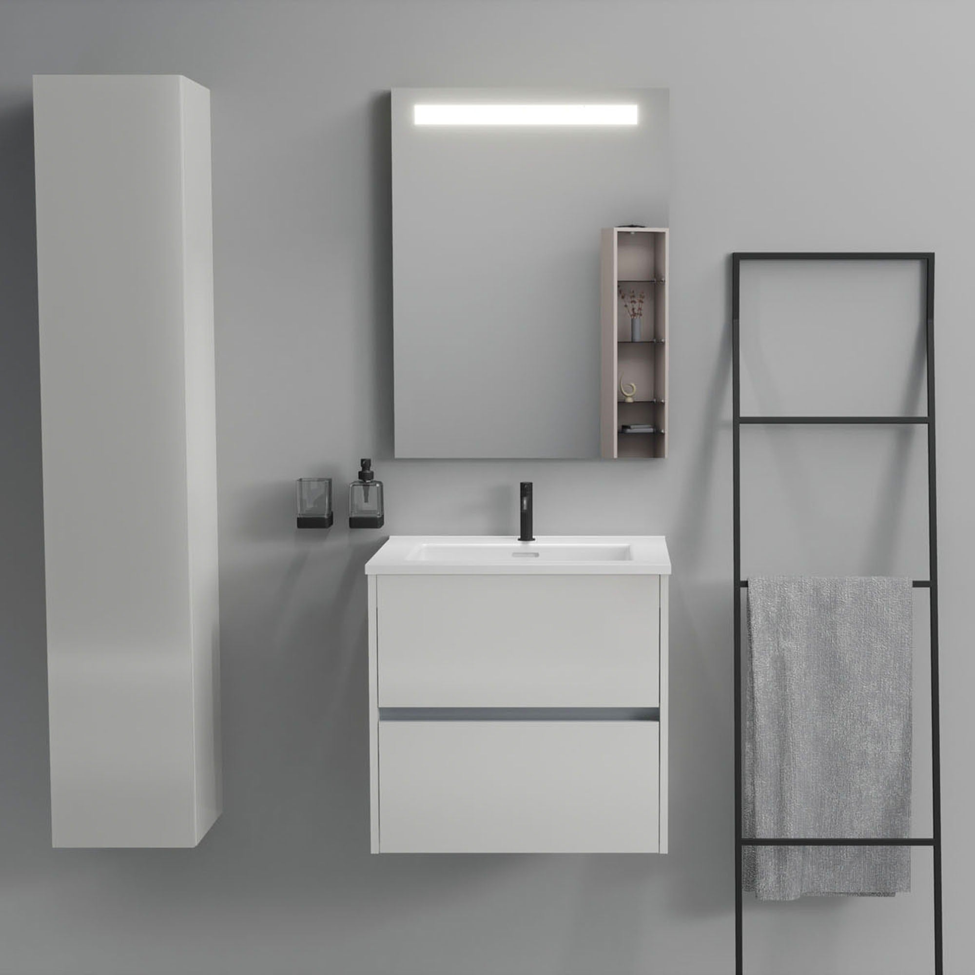 Inda - Mobile bagno 2 cassetti L.60 con lavabo specchio illuminato - Bianco lucido