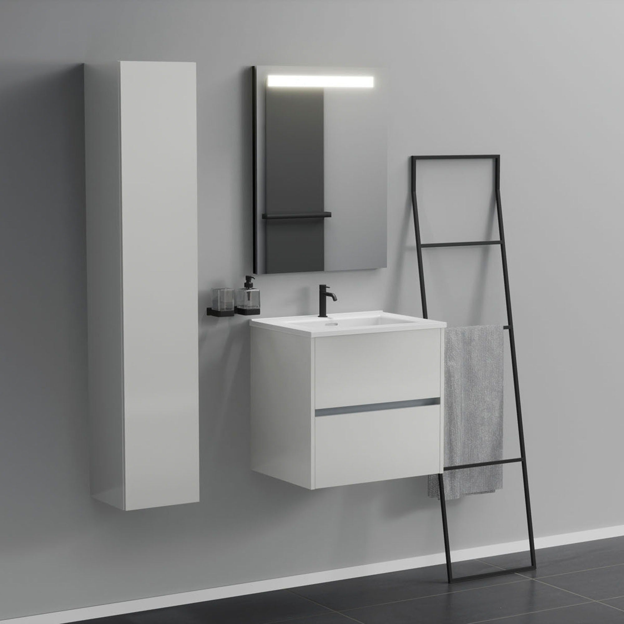 Inda - Mobile bagno 2 cassetti L.60 con lavabo specchio illuminato - Bianco lucido