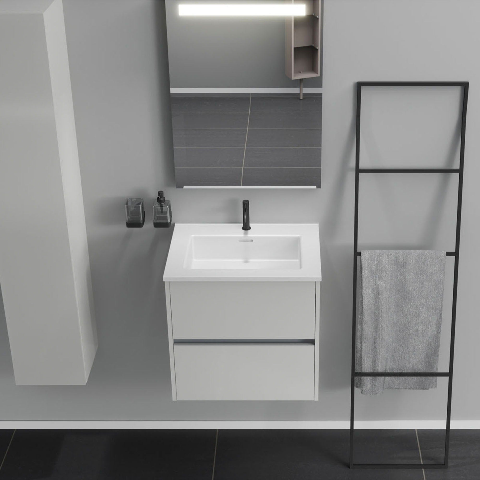 Inda - Mobile bagno 2 cassetti L.60 con lavabo specchio illuminato - Bianco lucido