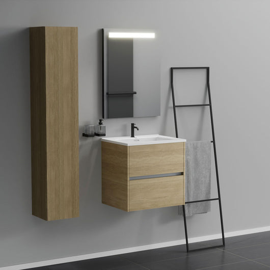 Inda - Mobile bagno 2 cassetti L.60 con lavabo specchio illuminato - Rovere naturale