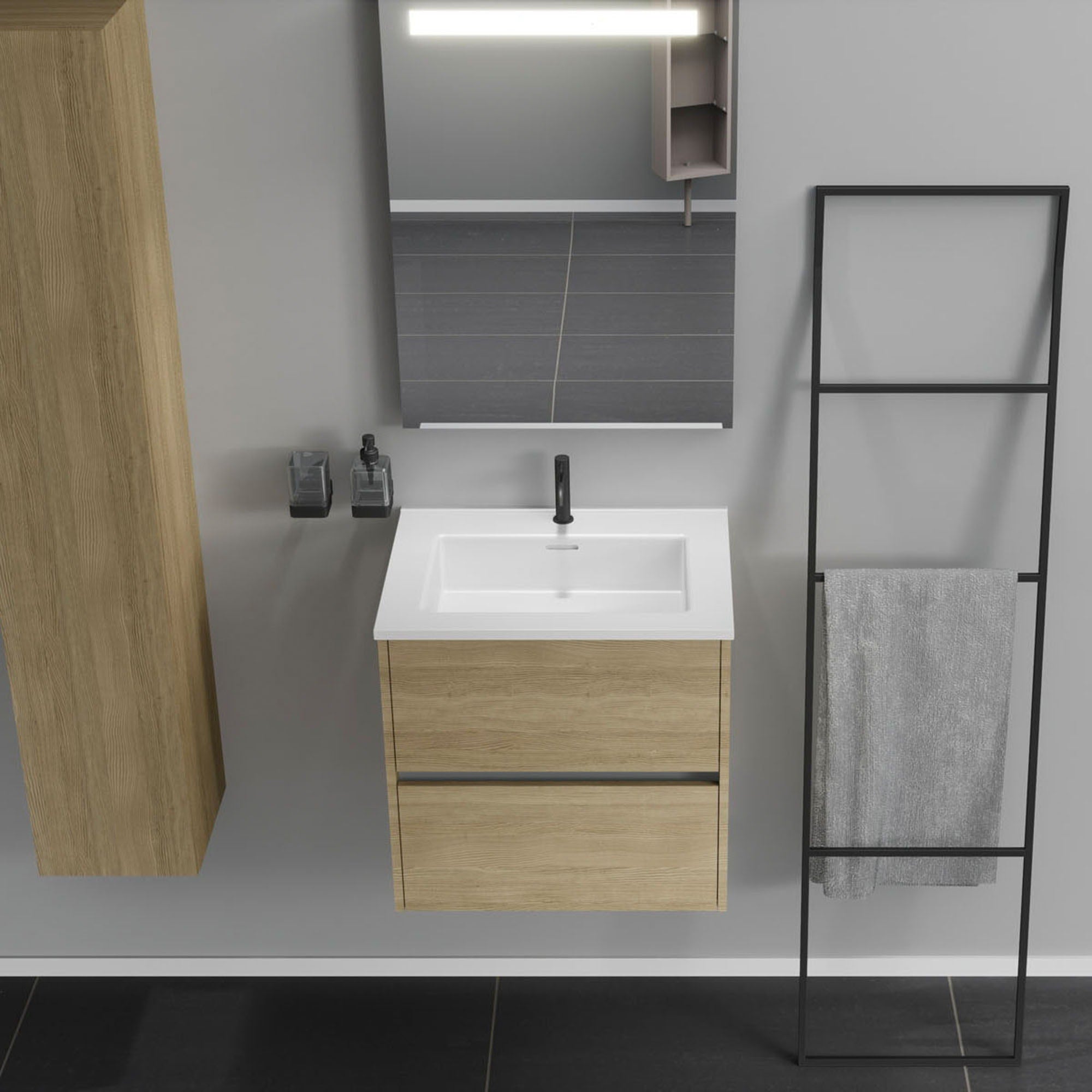 Inda - Mobile bagno 2 cassetti L.60 con lavabo specchio illuminato - Rovere naturale