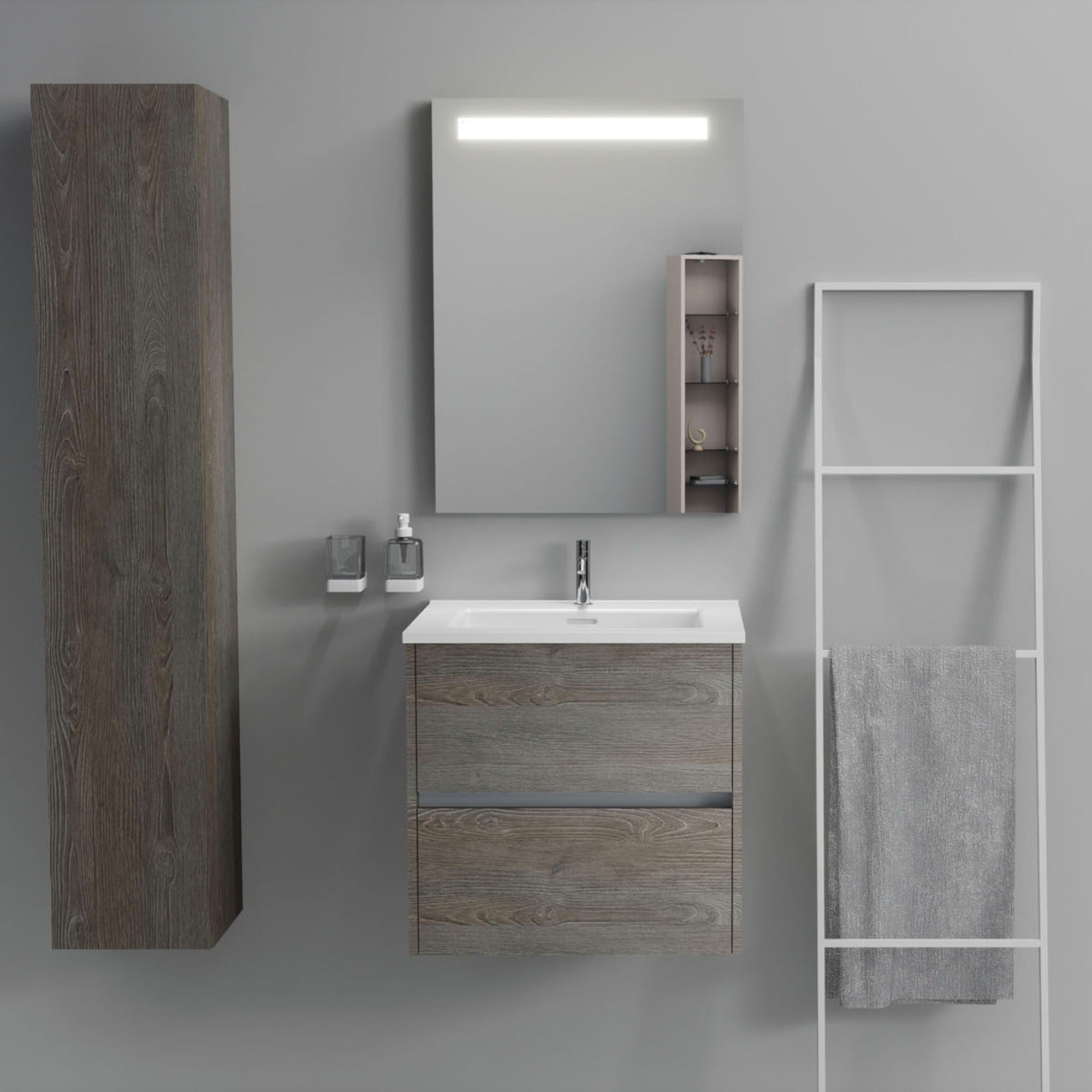 Inda - Mobile bagno 2 cassetti L.60 con lavabo specchio illuminato - Olmo fumè