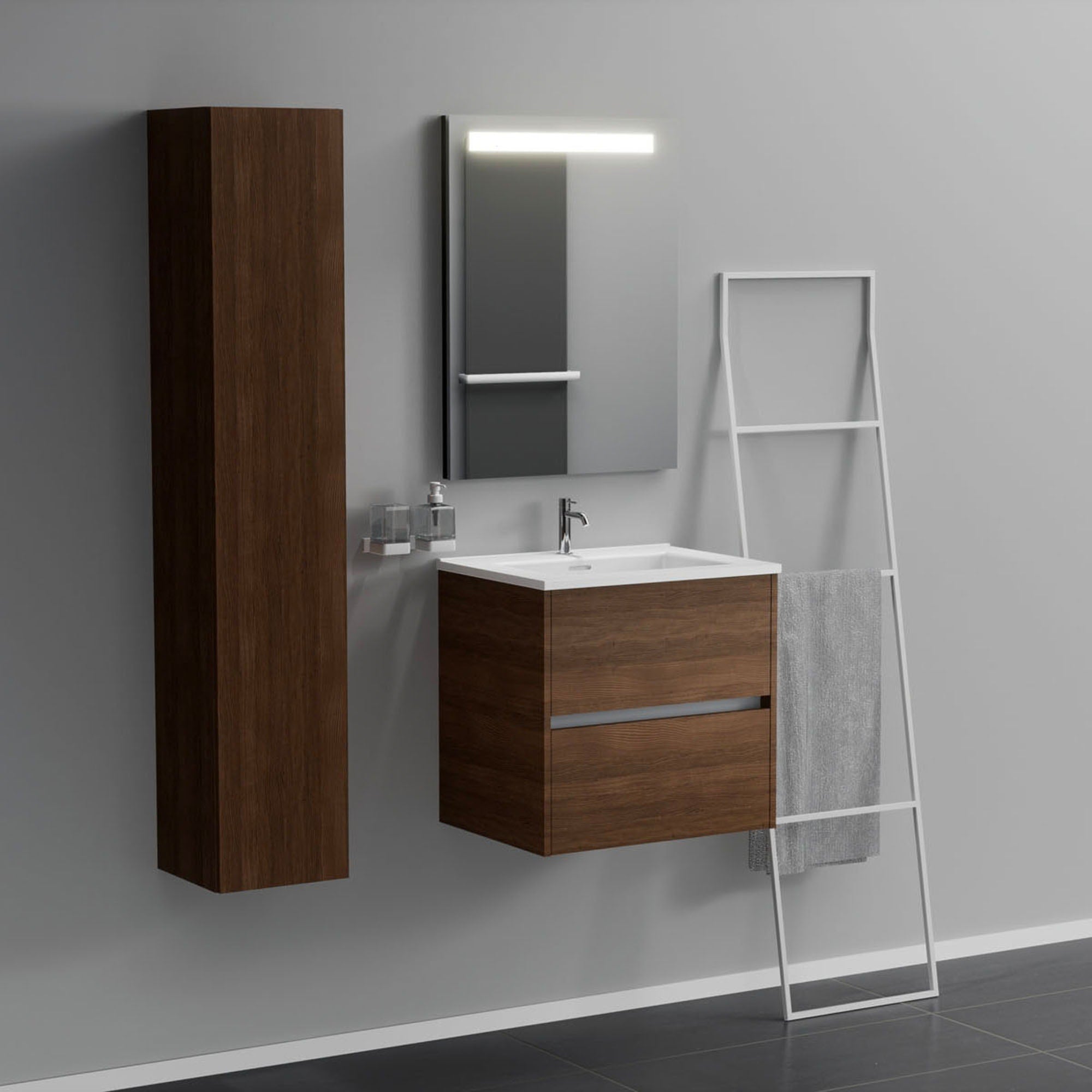 Inda - Mobile bagno 2 cassetti L.60 con lavabo specchio illuminato - Rovere castano