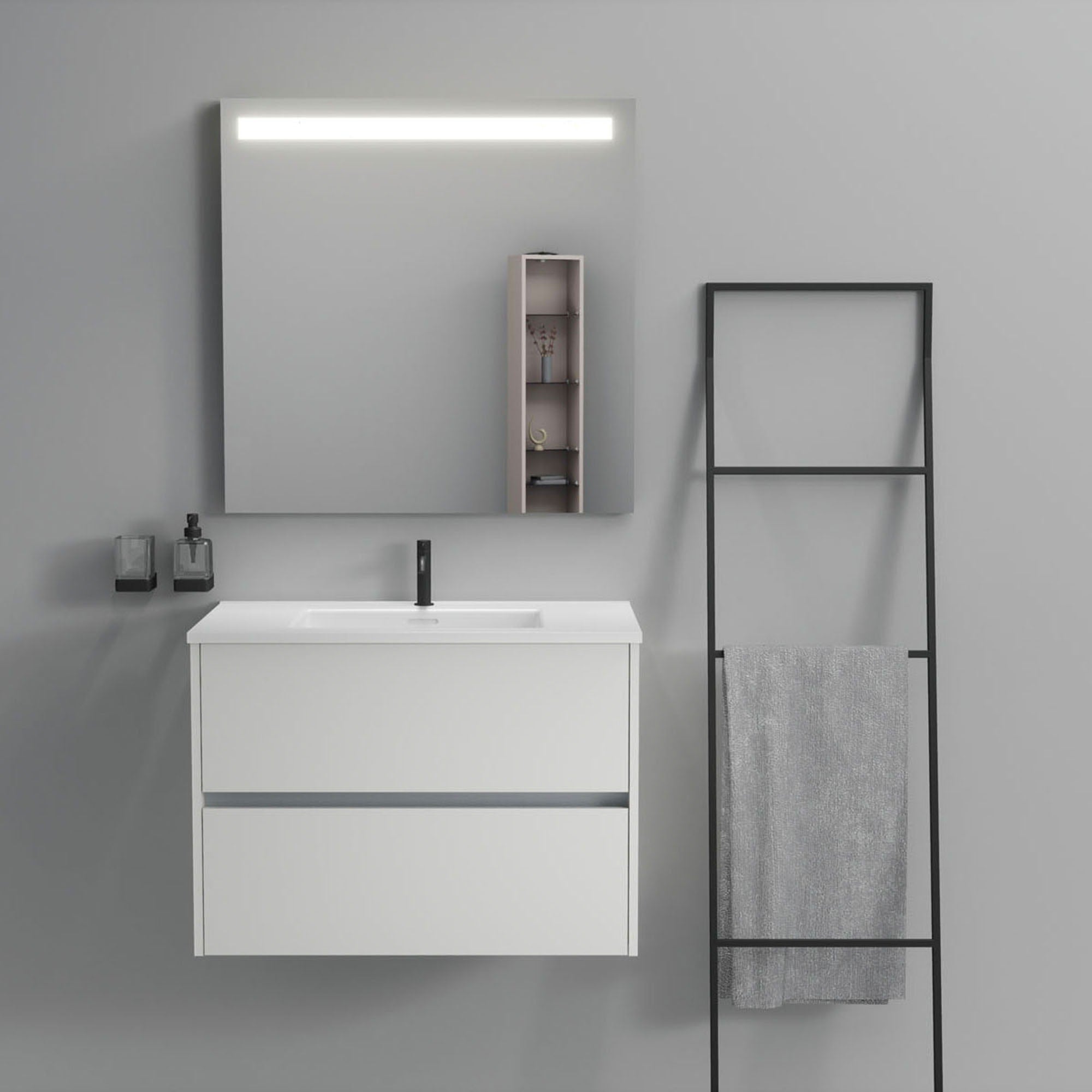 Inda - Mobile bagno 2 cassetti L.80 con lavabo specchio illuminato - Bianco opaco
