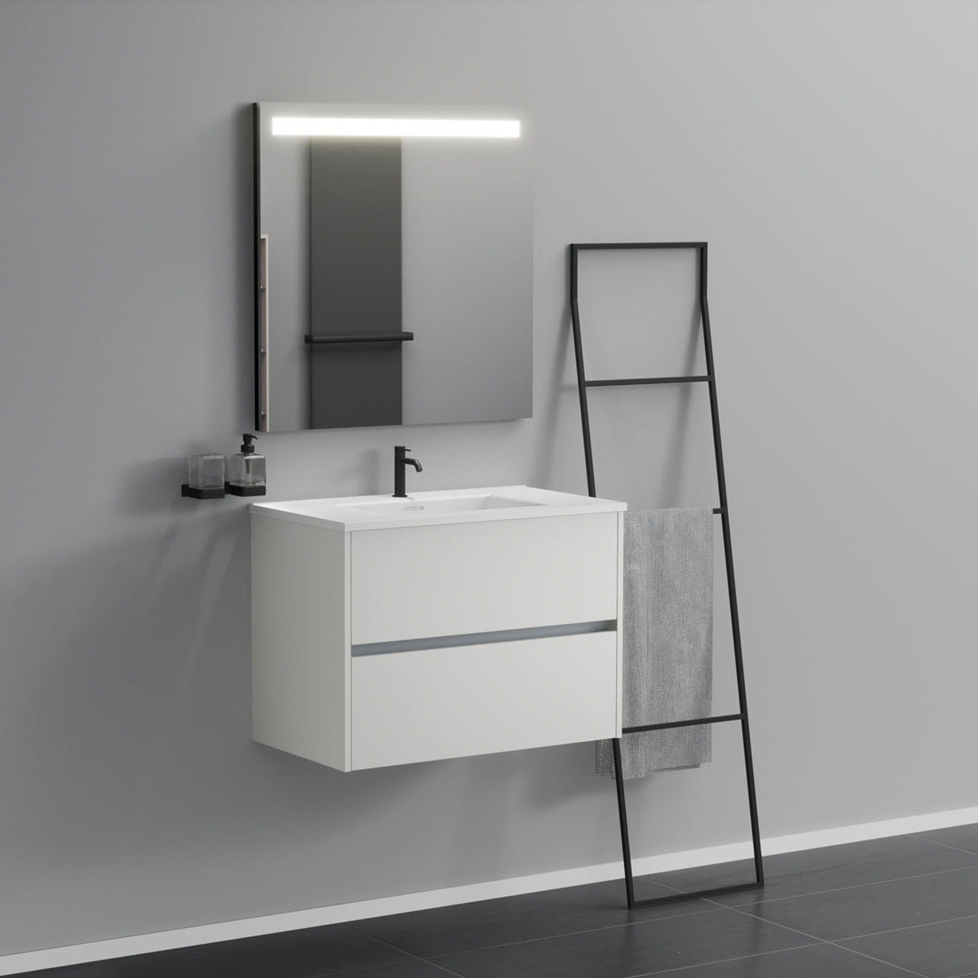 Inda - Mobile bagno 2 cassetti L.80 con lavabo specchio illuminato - Bianco opaco