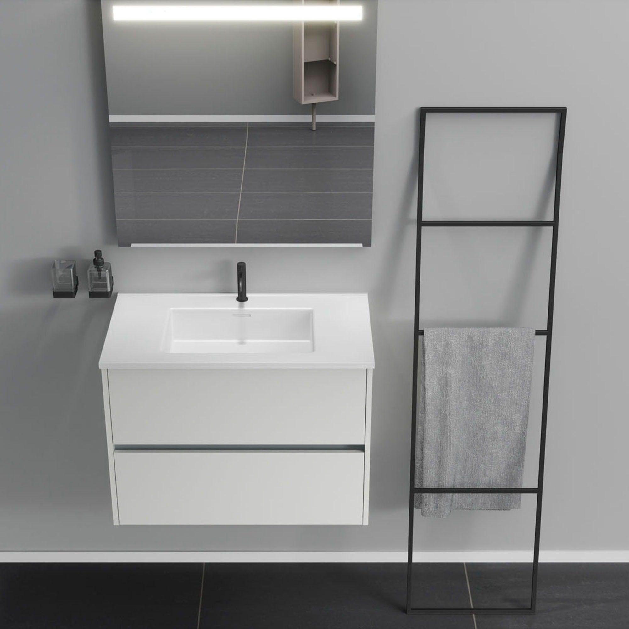 Inda - Mobile bagno 2 cassetti L.80 con lavabo specchio illuminato - Bianco opaco
