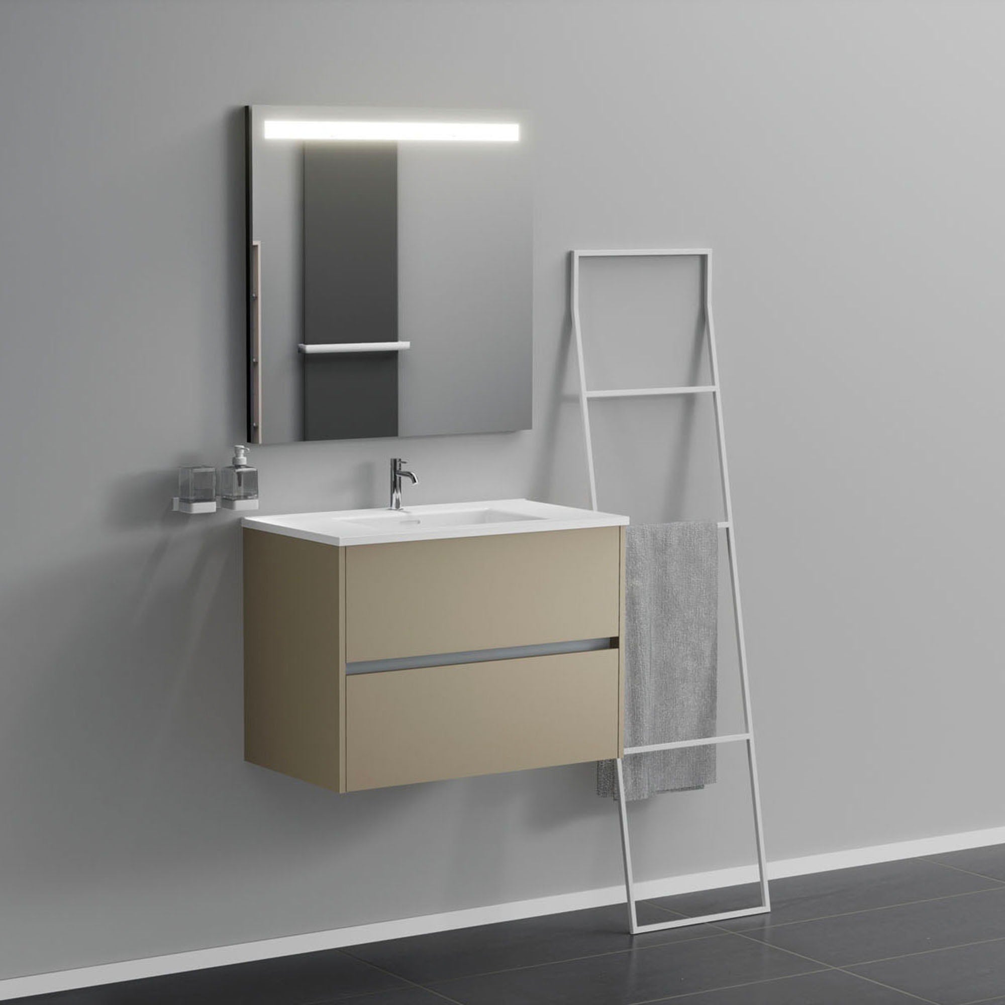Inda - Mobile bagno 2 cassetti L.80 con lavabo specchio illuminato - Terra di luna opaco