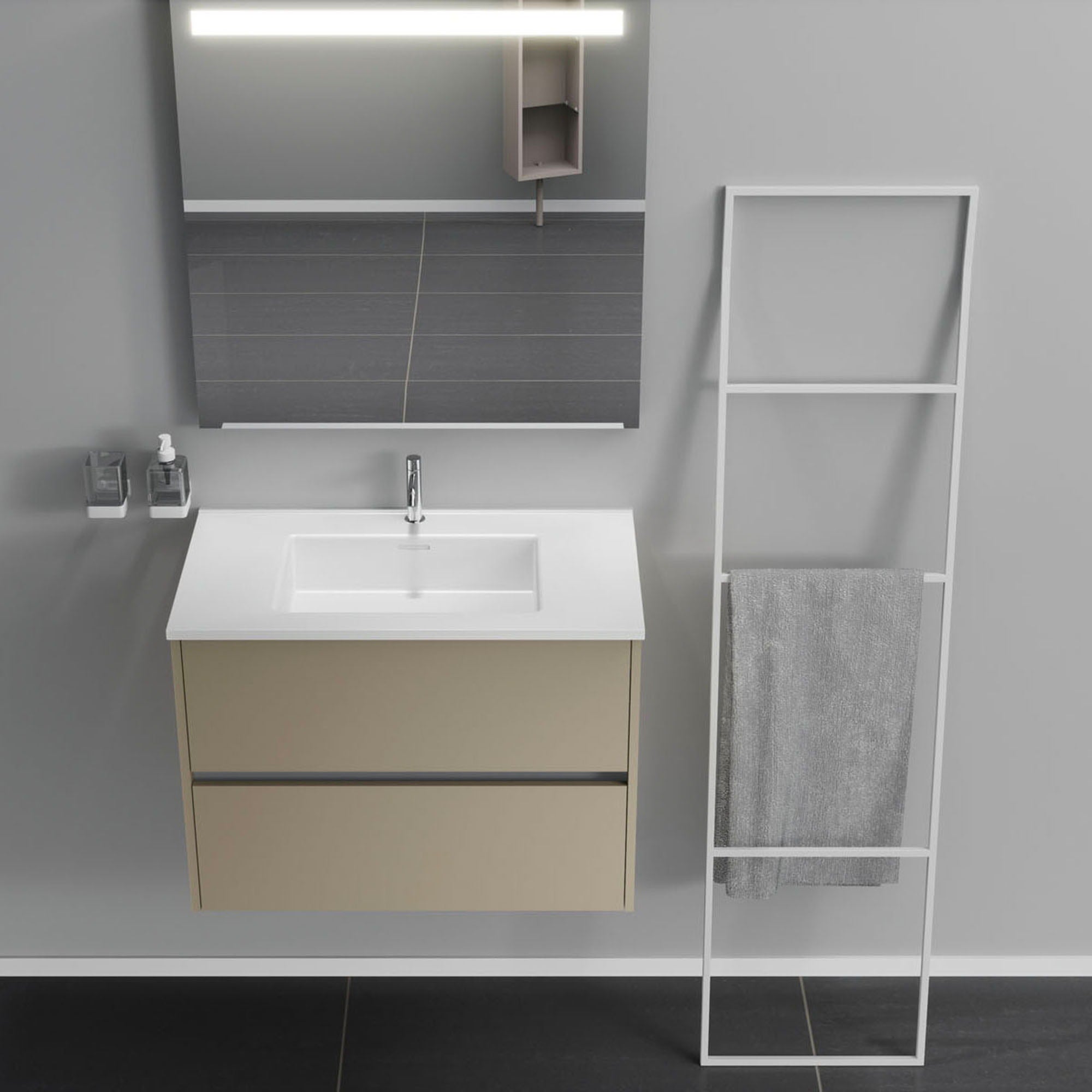 Inda - Mobile bagno 2 cassetti L.80 con lavabo specchio illuminato - Terra di luna opaco