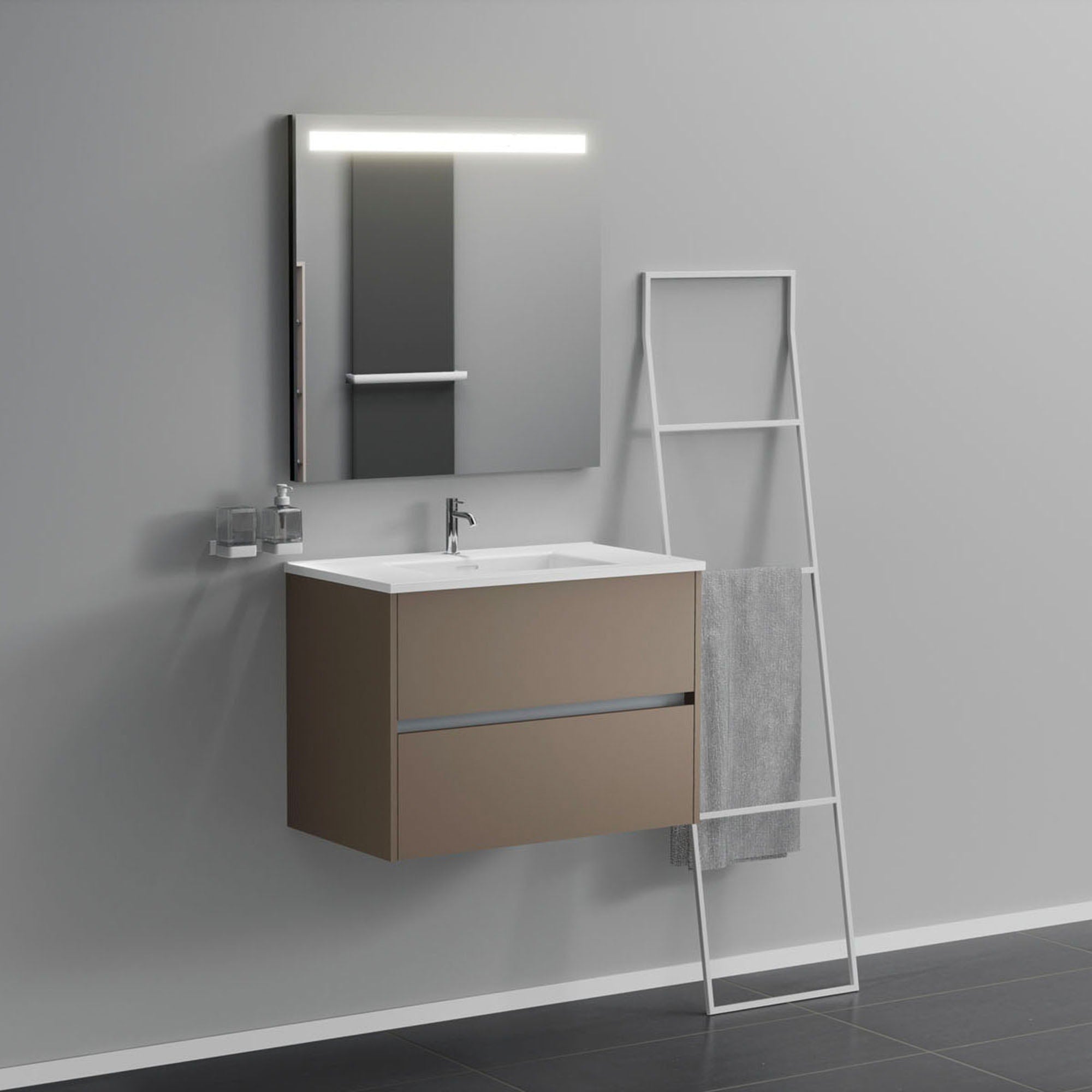 Inda - Mobile bagno 2 cassetti L.80 con lavabo specchio illuminato - Visone opaco