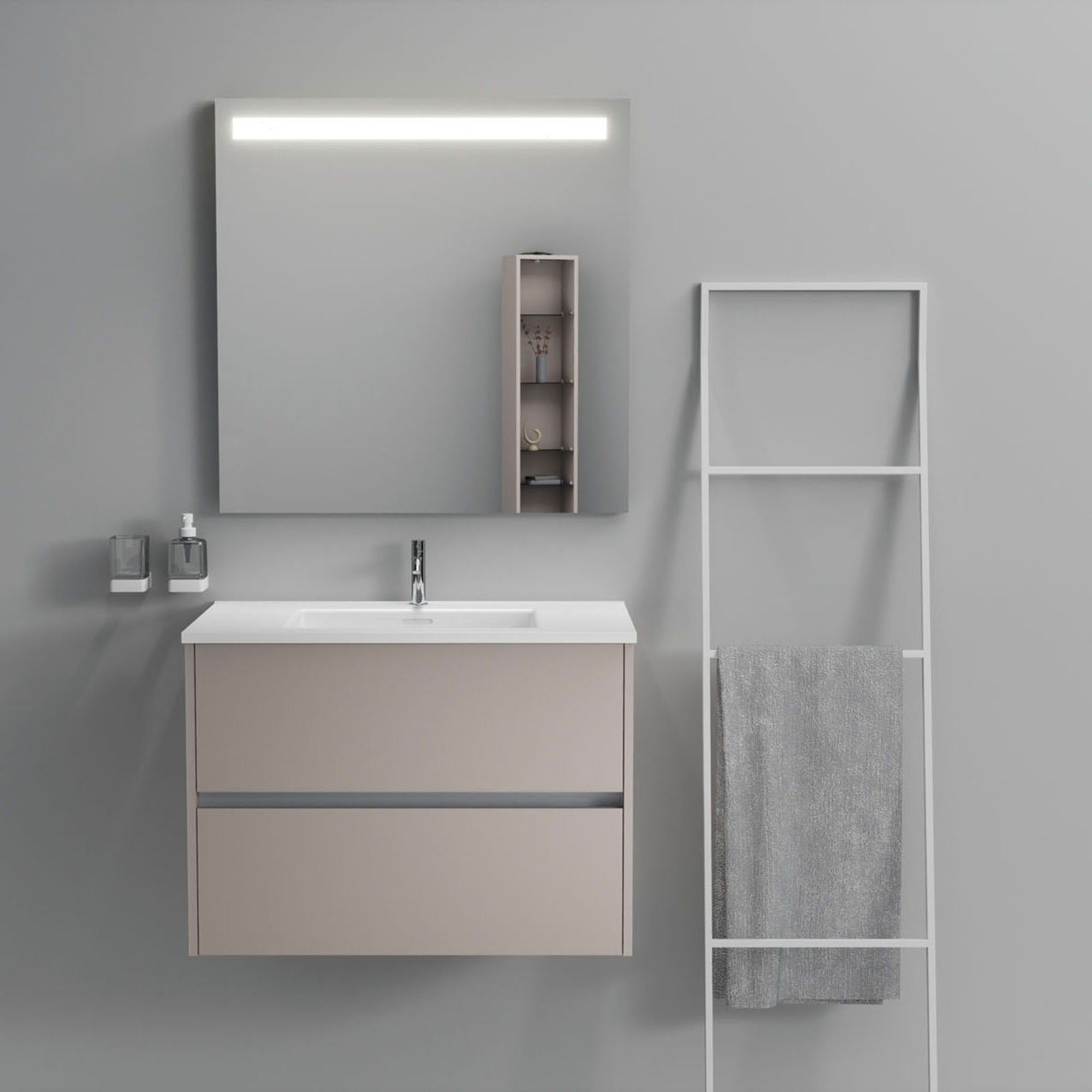Inda - Mobile bagno 2 cassetti L.80 con lavabo specchio illuminato - Avorio opaco