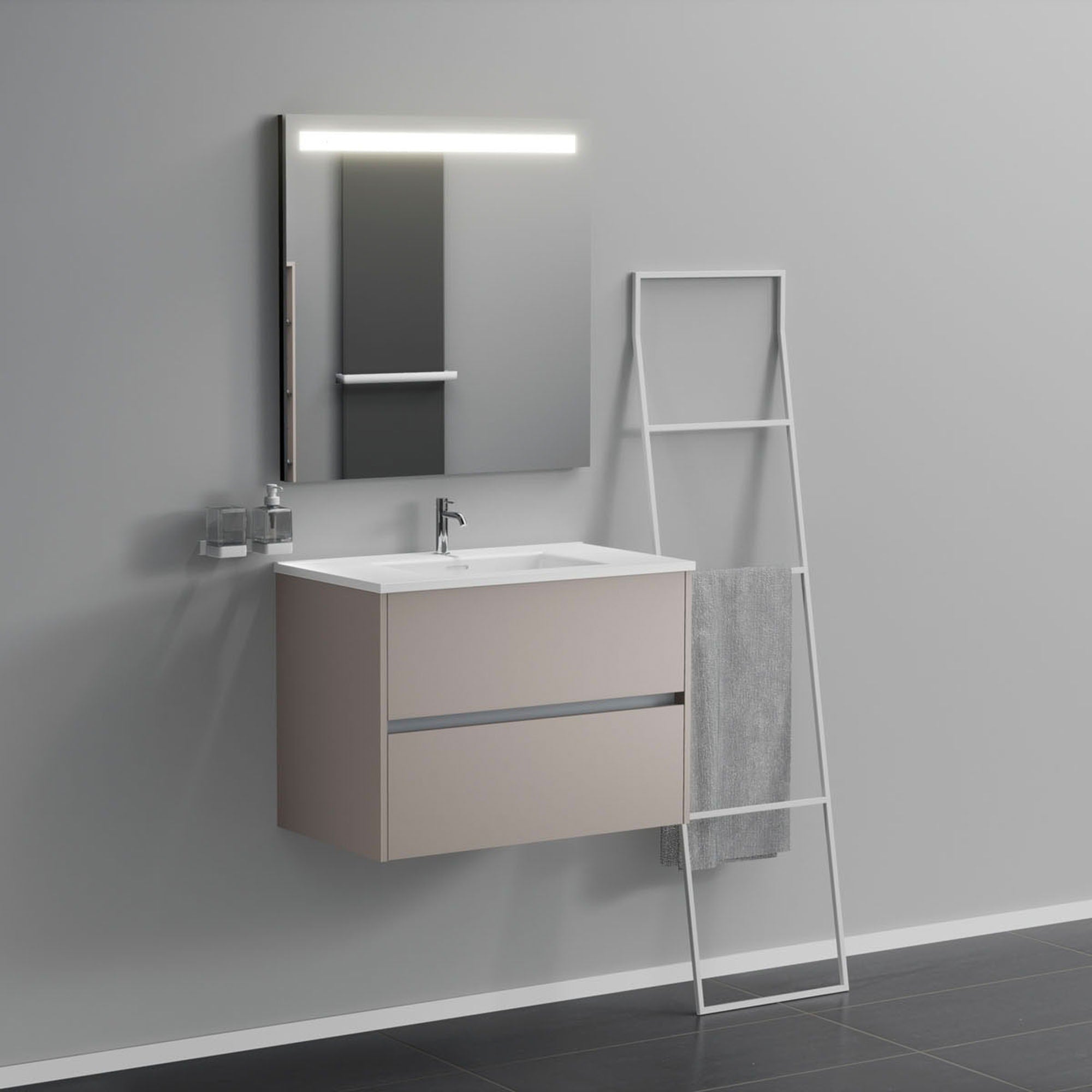 Inda - Mobile bagno 2 cassetti L.80 con lavabo specchio illuminato - Avorio opaco