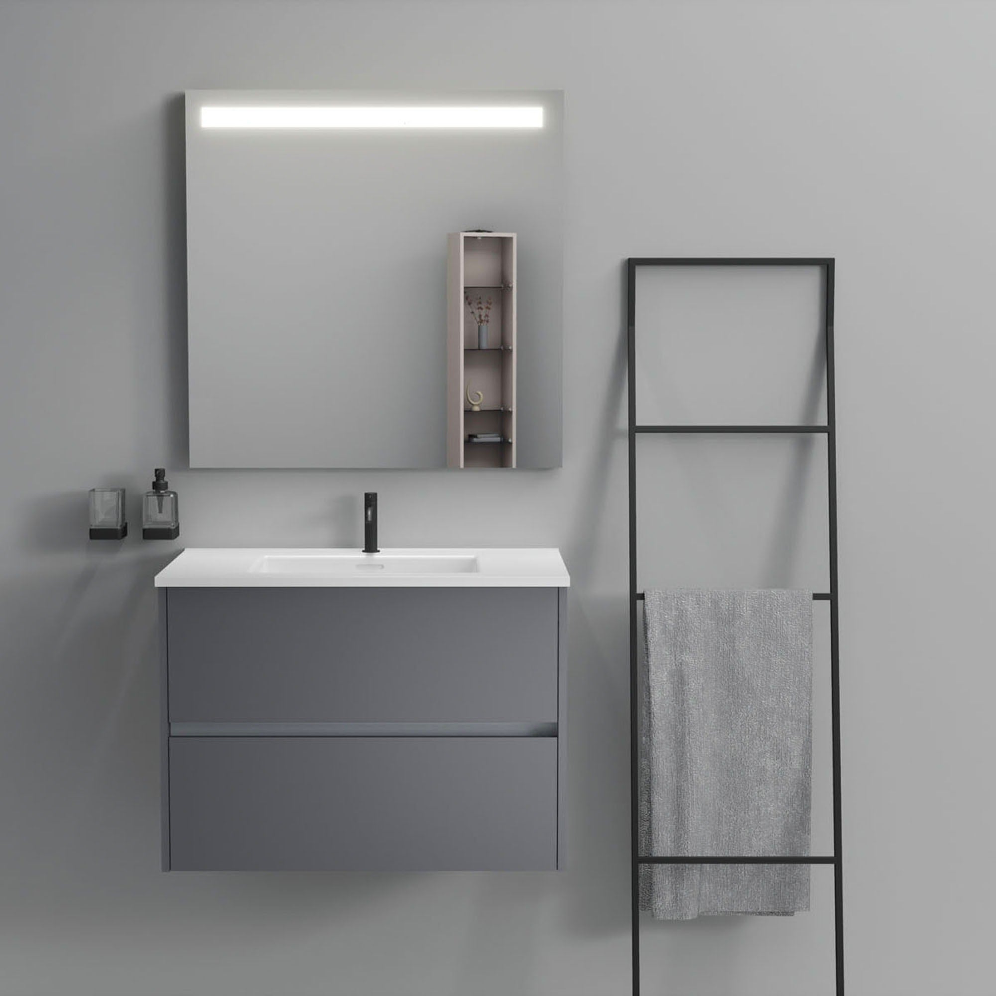 Inda - Mobile bagno 2 cassetti L.80 con lavabo specchio illuminato - Titanio opaco