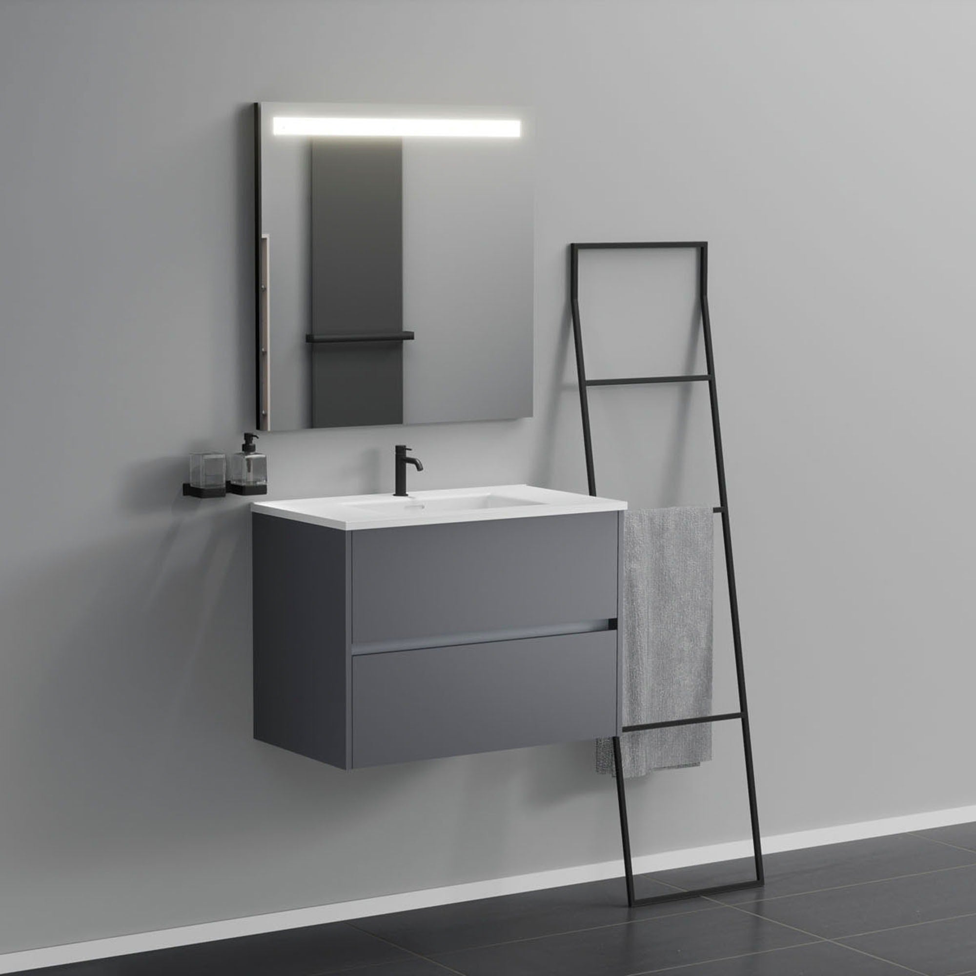 Inda - Mobile bagno 2 cassetti L.80 con lavabo specchio illuminato - Titanio opaco