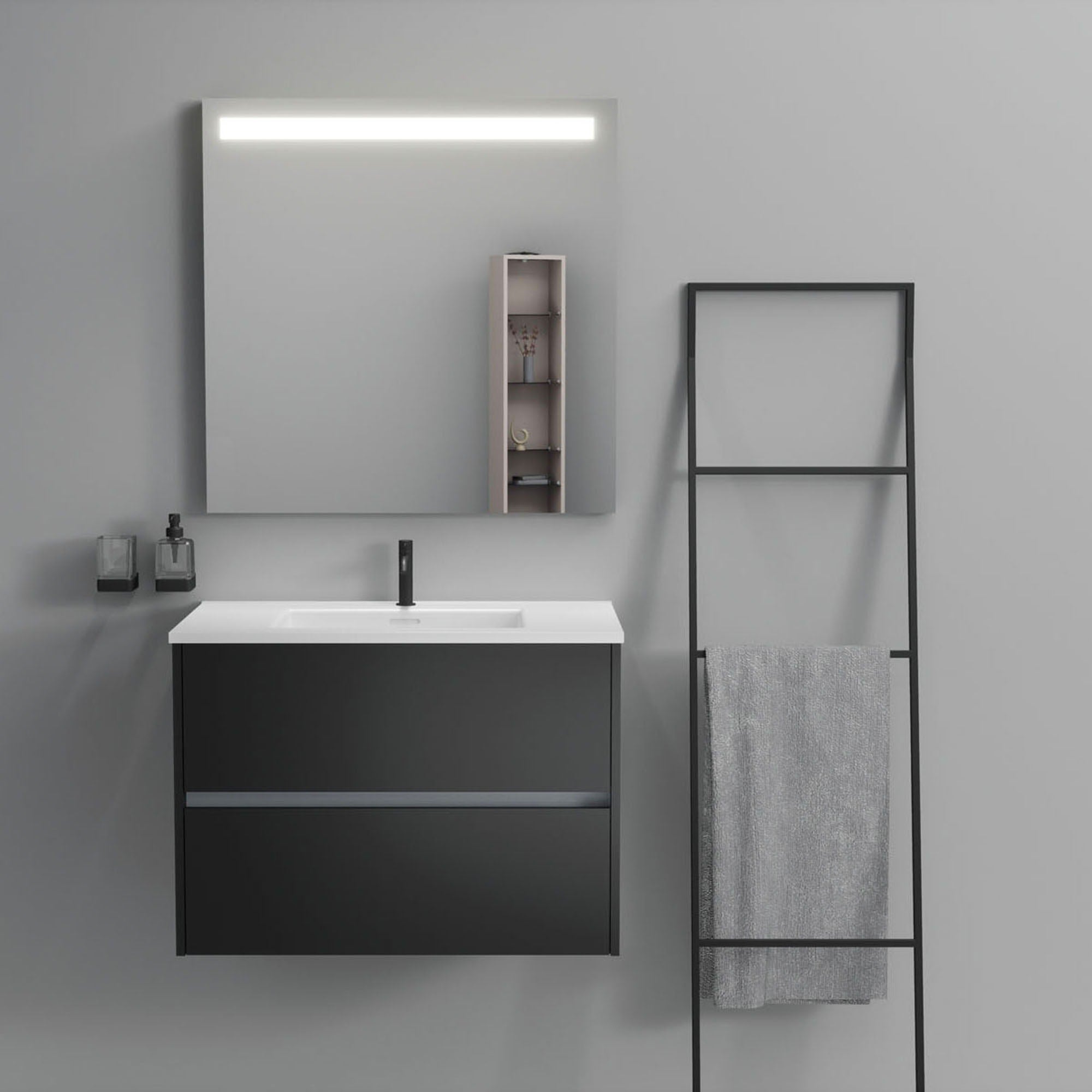 Inda - Mobile bagno 2 cassetti L.80 con lavabo specchio illuminato - Nero opaco