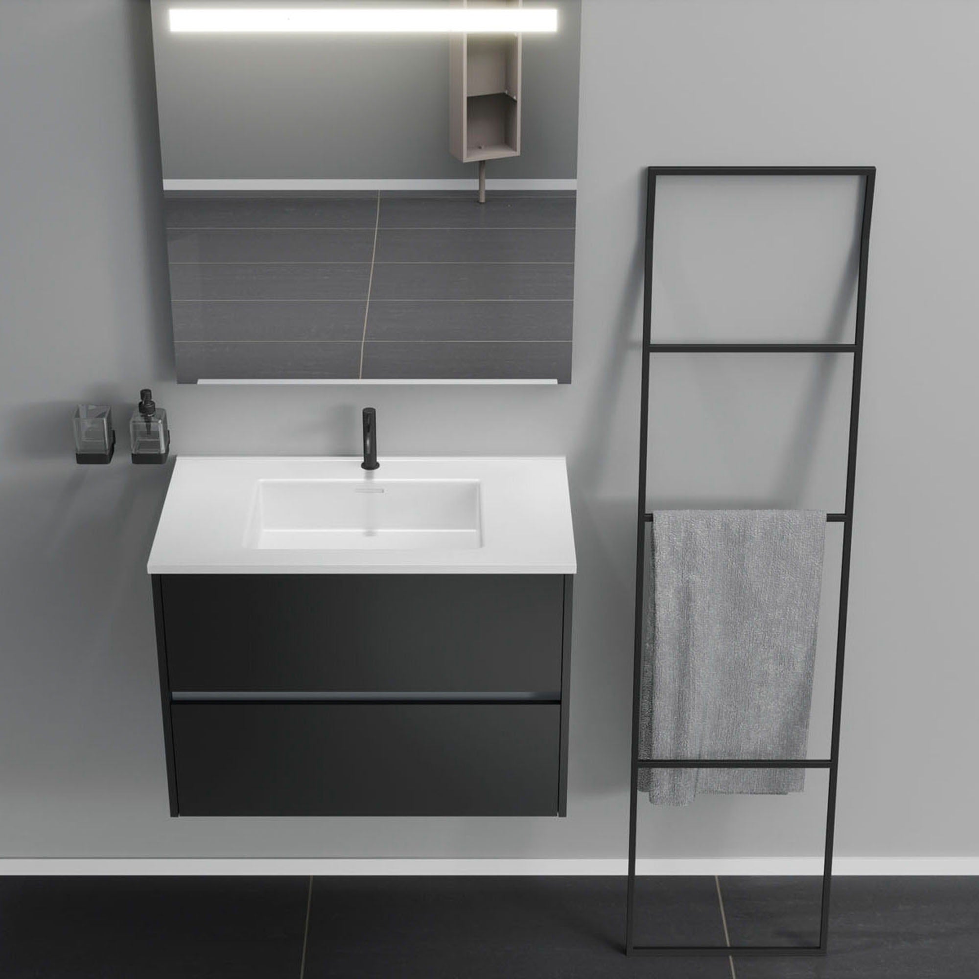 Inda - Mobile bagno 2 cassetti L.80 con lavabo specchio illuminato - Nero opaco