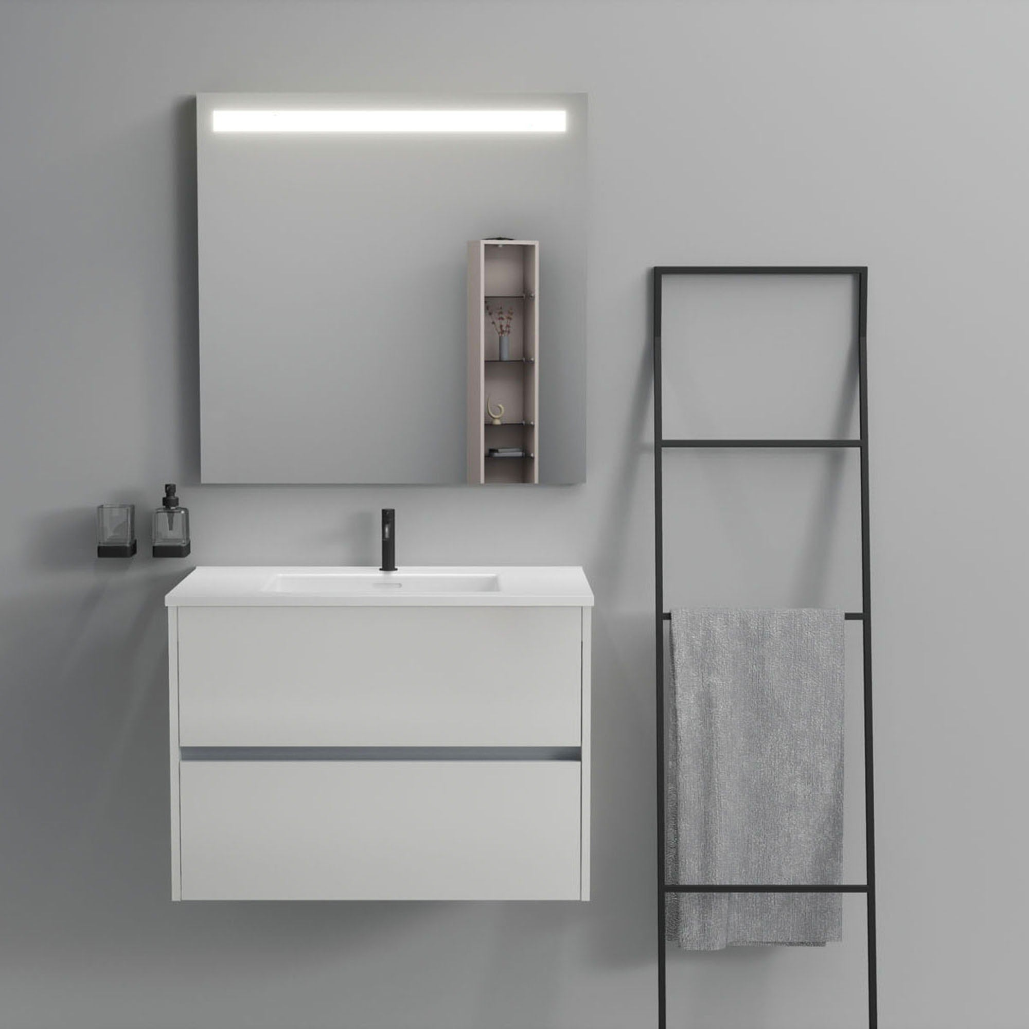 Inda - Mobile bagno 2 cassetti L.80 con lavabo specchio illuminato - Bianco lucido