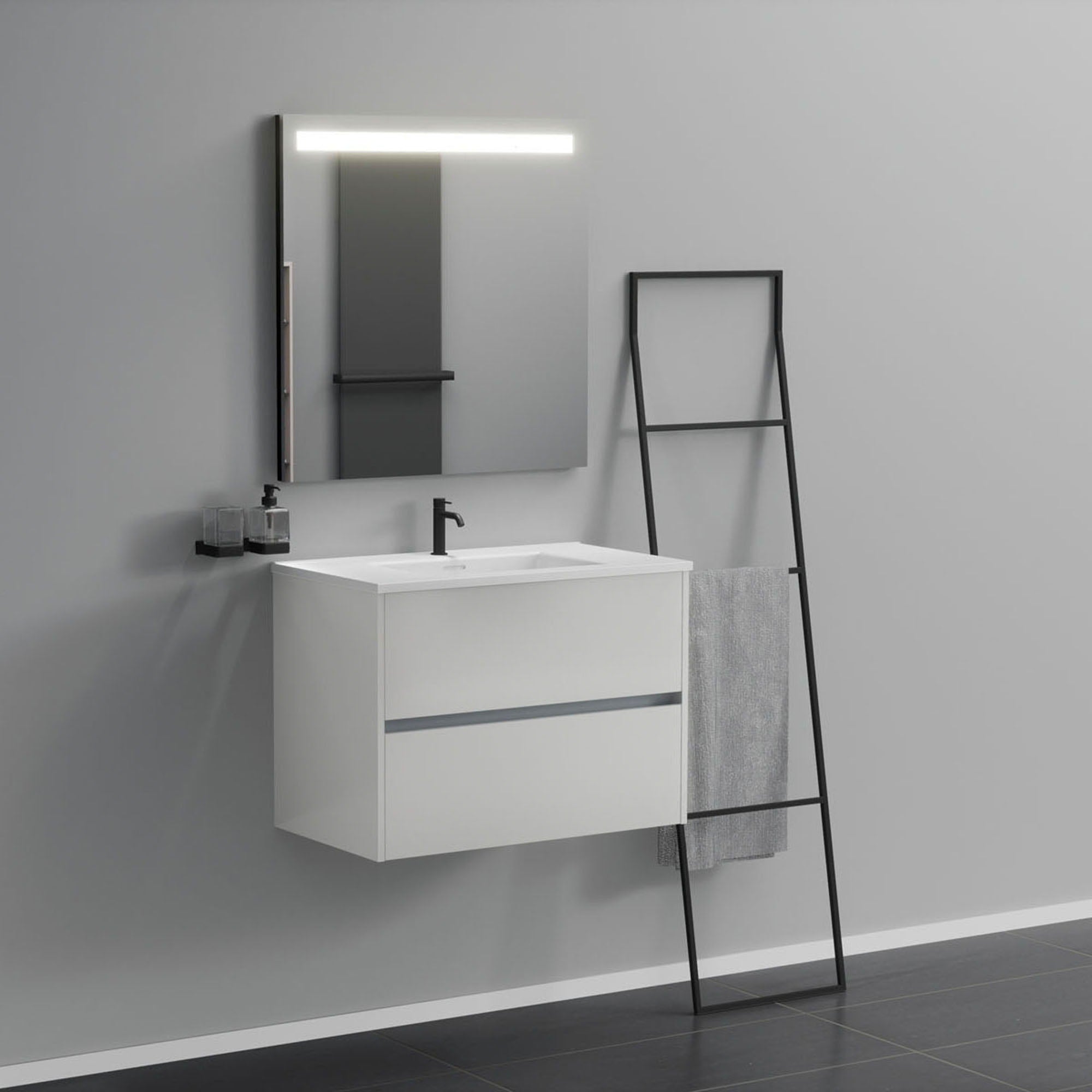 Inda - Mobile bagno 2 cassetti L.80 con lavabo specchio illuminato - Bianco lucido