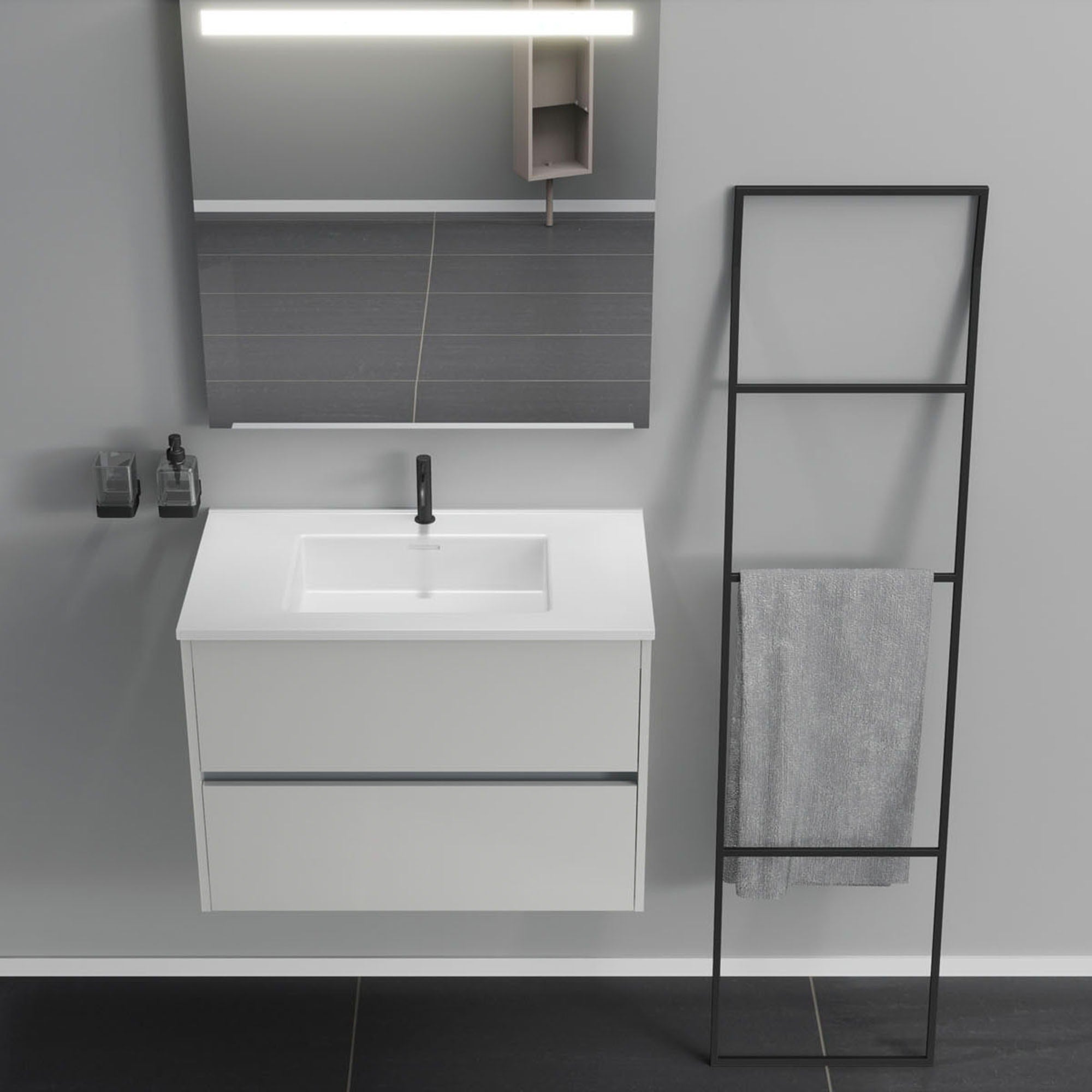 Inda - Mobile bagno 2 cassetti L.80 con lavabo specchio illuminato - Bianco lucido