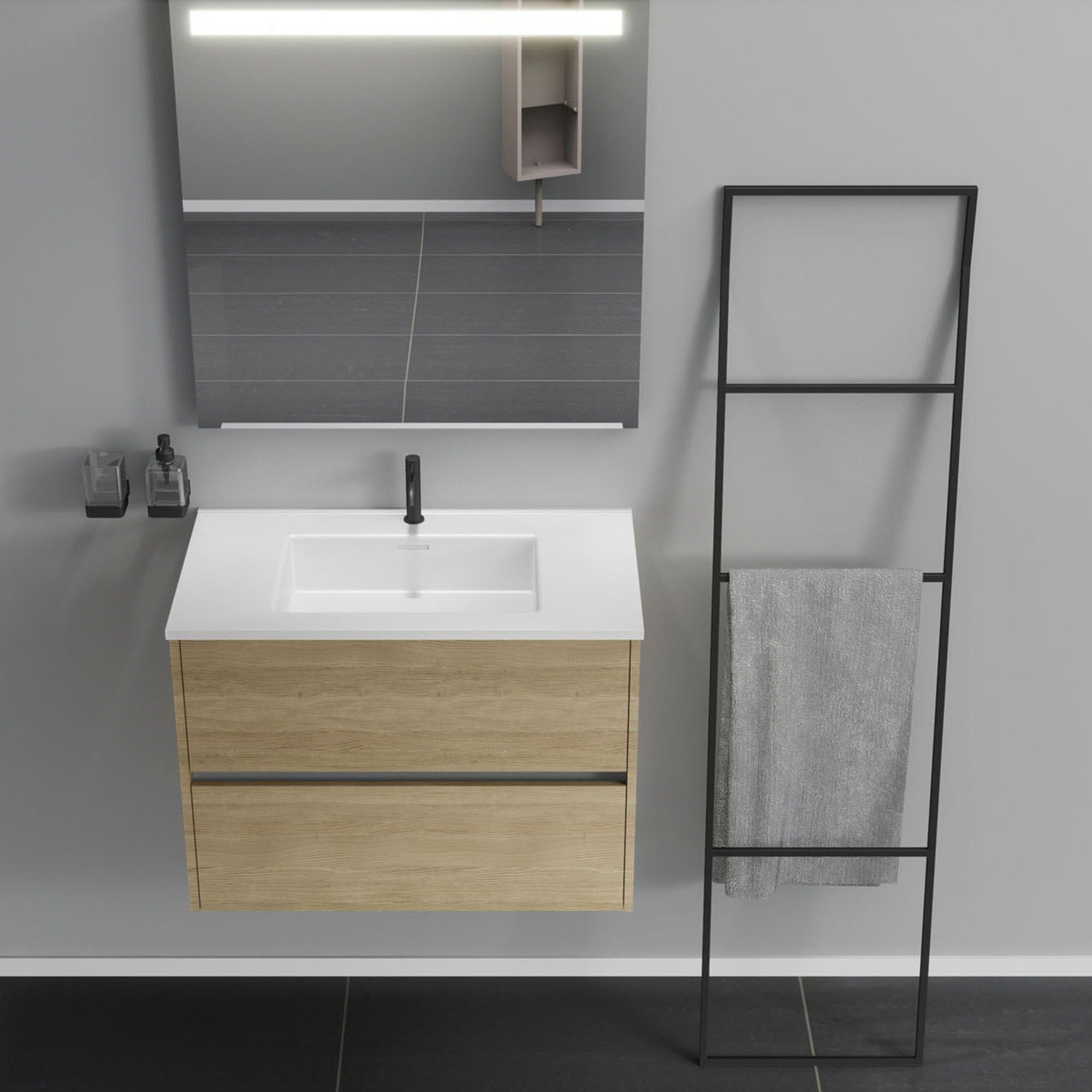 Inda - Mobile bagno 2 cassetti L.80 con lavabo specchio illuminato - Rovere naturale