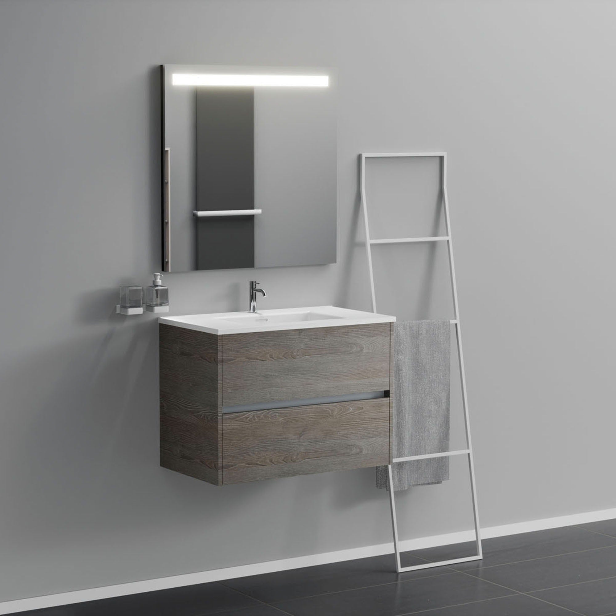 Inda - Mobile bagno 2 cassetti L.80 con lavabo specchio illuminato - Olmo fumè