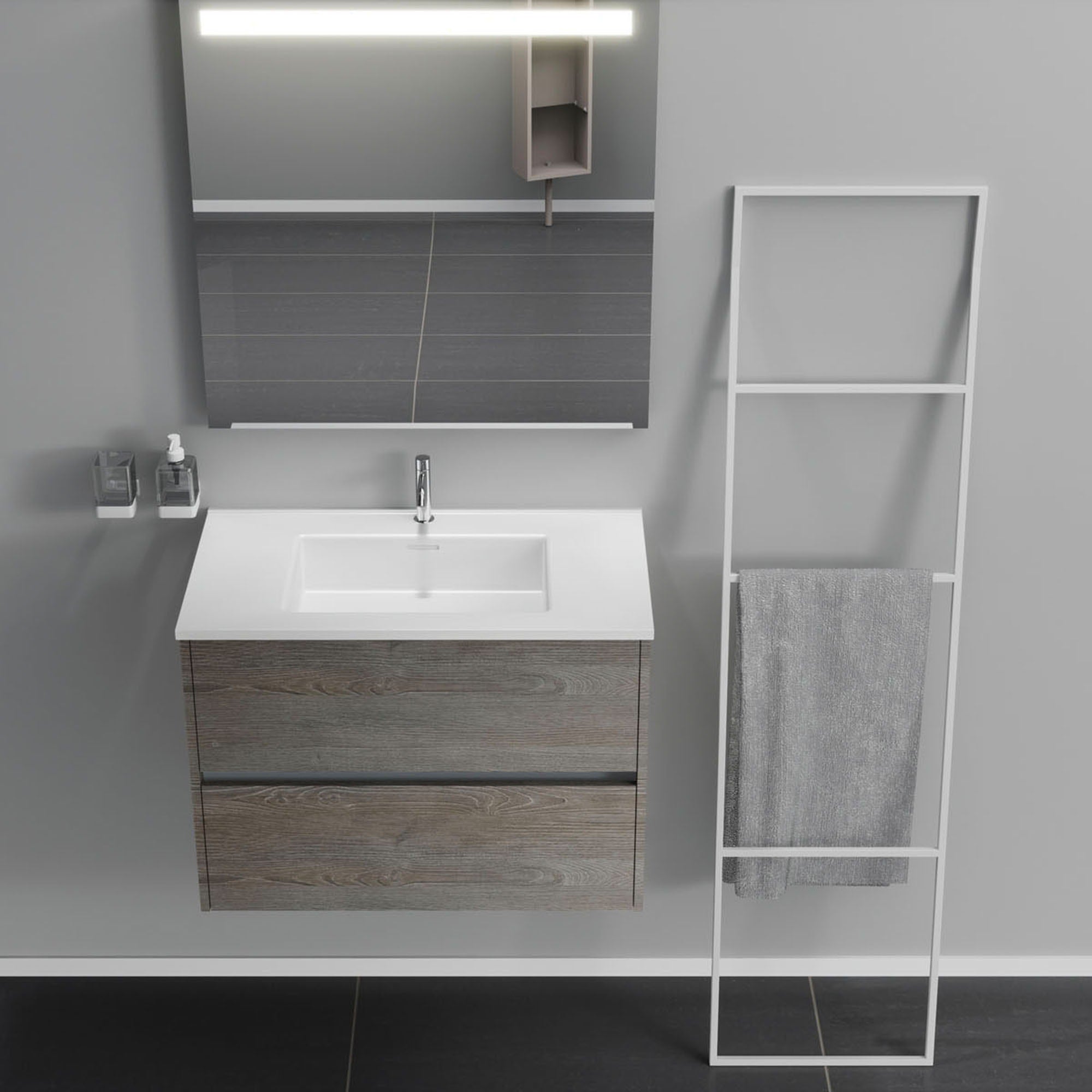 Inda - Mobile bagno 2 cassetti L.80 con lavabo specchio illuminato - Olmo fumè