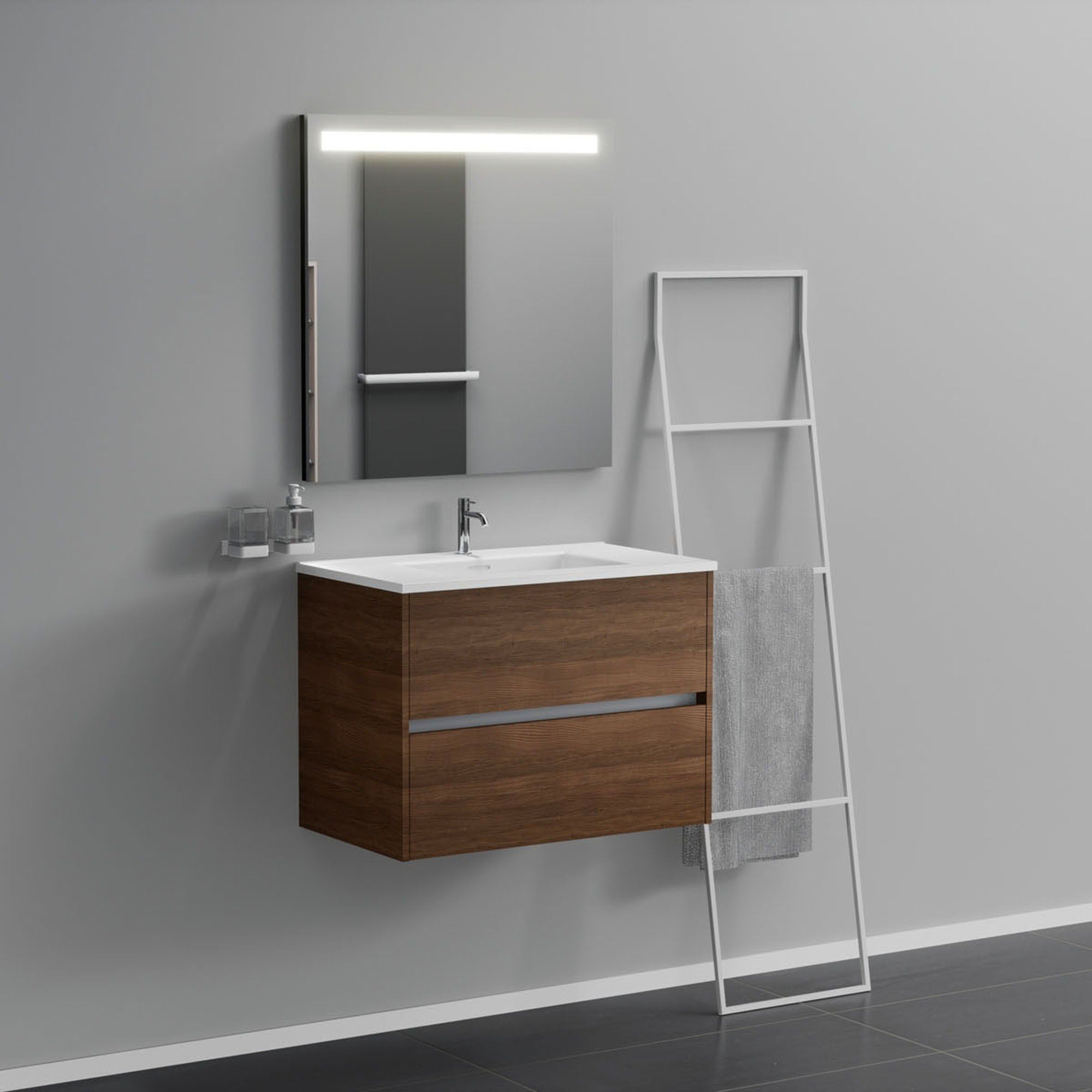Inda - Mobile bagno 2 cassetti L.80 con lavabo specchio illuminato - Rovere castano