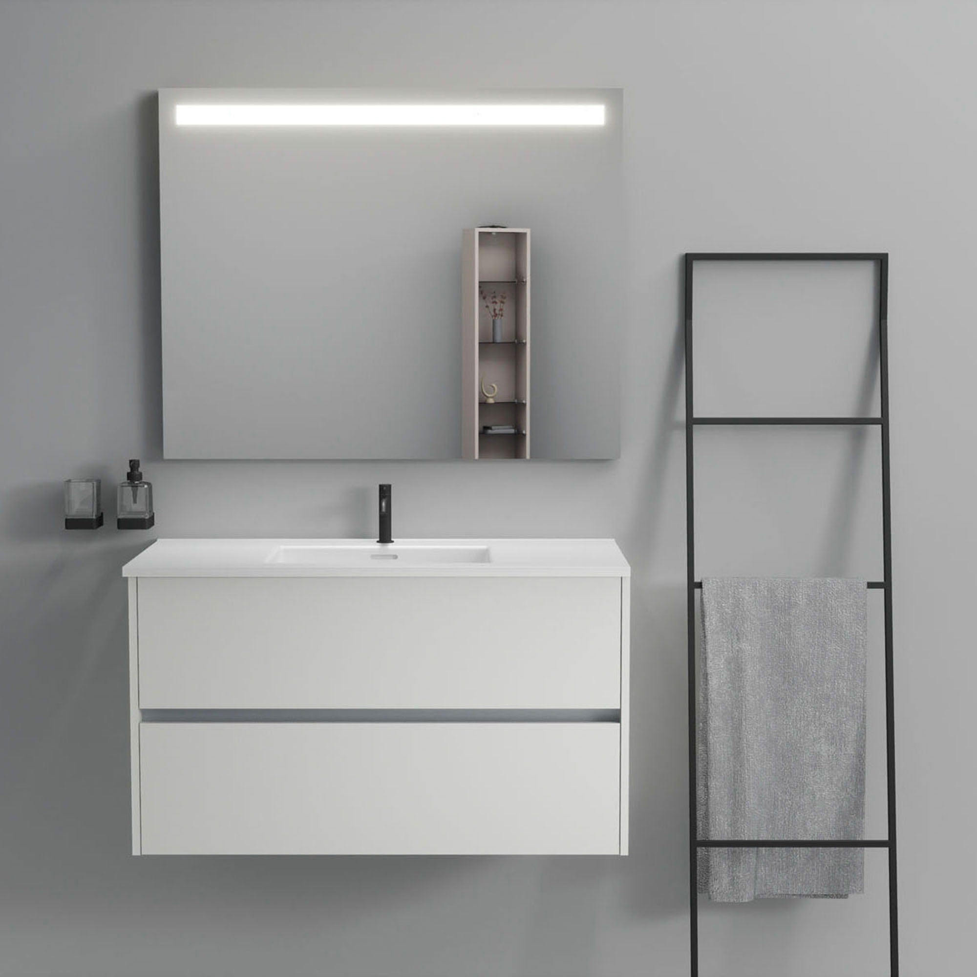 Inda - Mobile bagno 2 cassetti L.100 con lavabo specchio illuminato - Bianco opaco