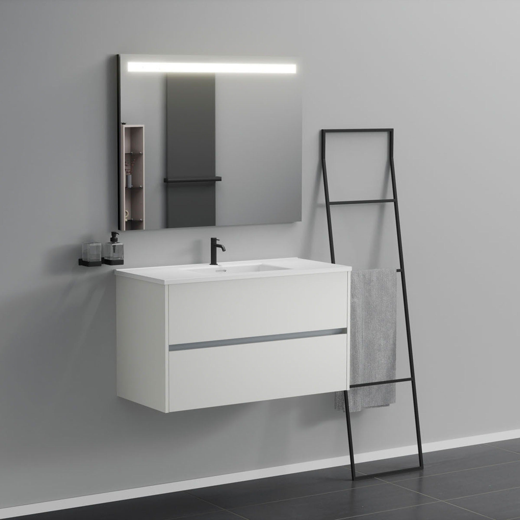 Inda - Mobile bagno 2 cassetti L.100 con lavabo specchio illuminato - Bianco opaco