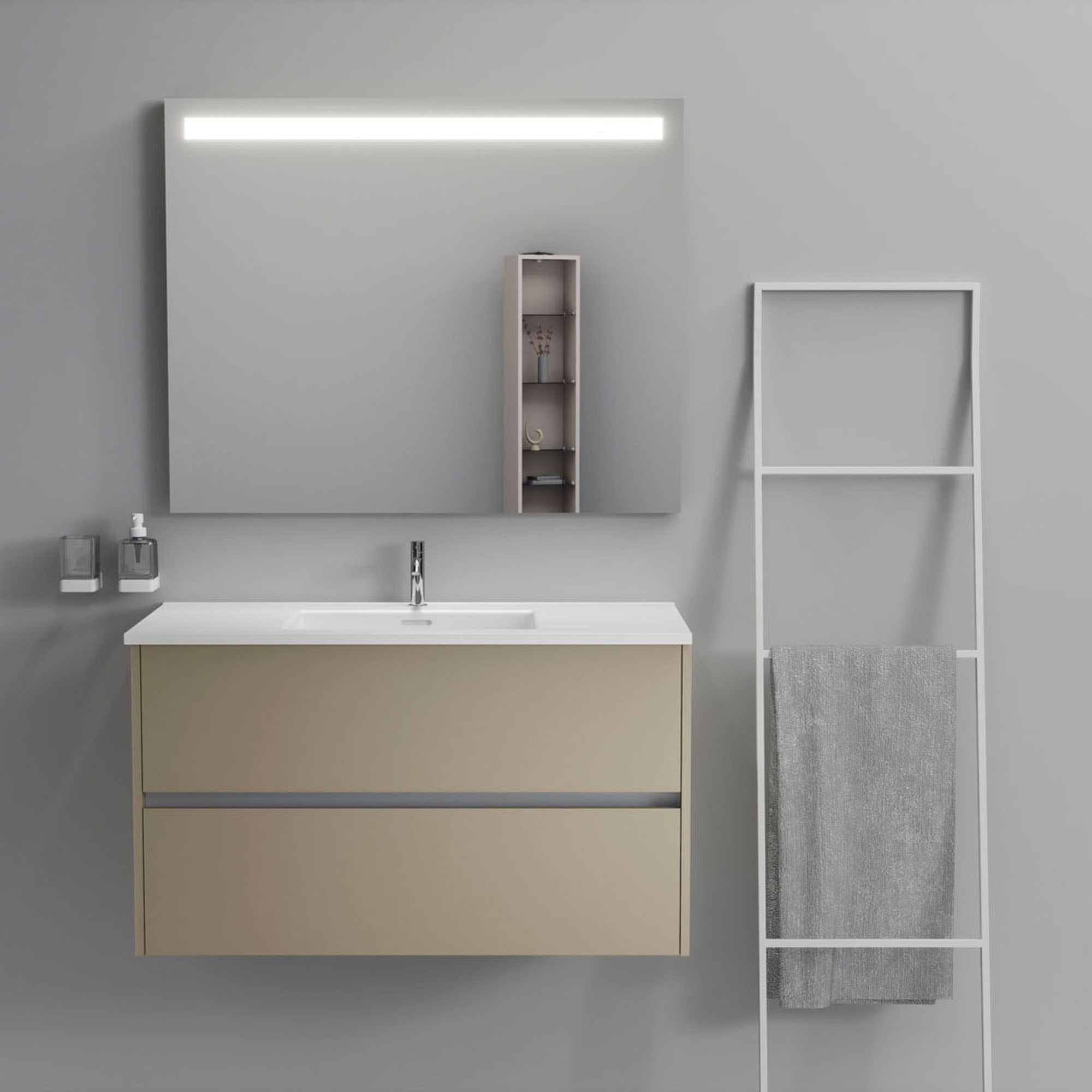 Inda - Mobile bagno 2 cassetti L.100 con lavabo specchio illuminato - Terra di luna opaco