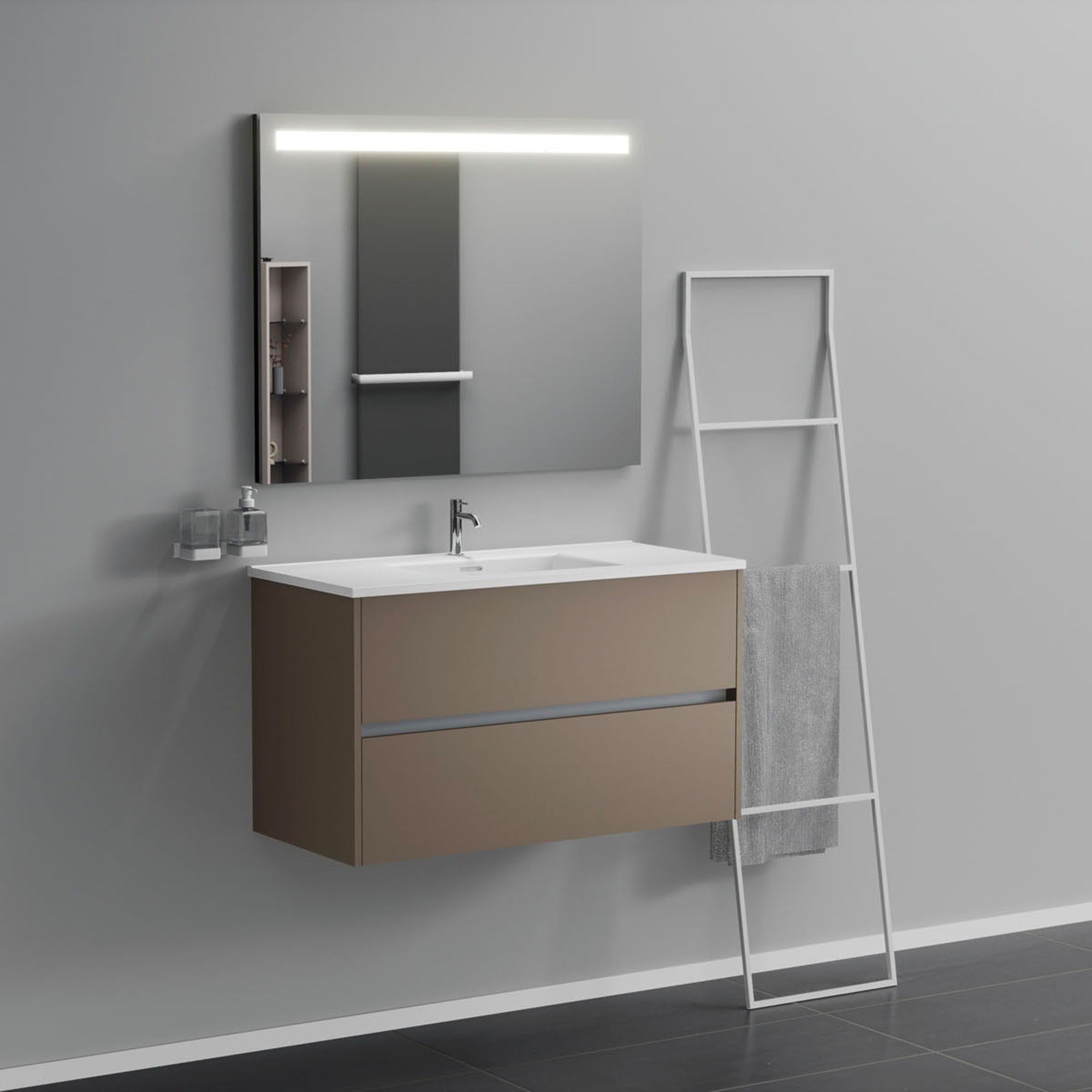 Inda - Mobile bagno 2 cassetti L.100 con lavabo specchio illuminato - Visone opaco