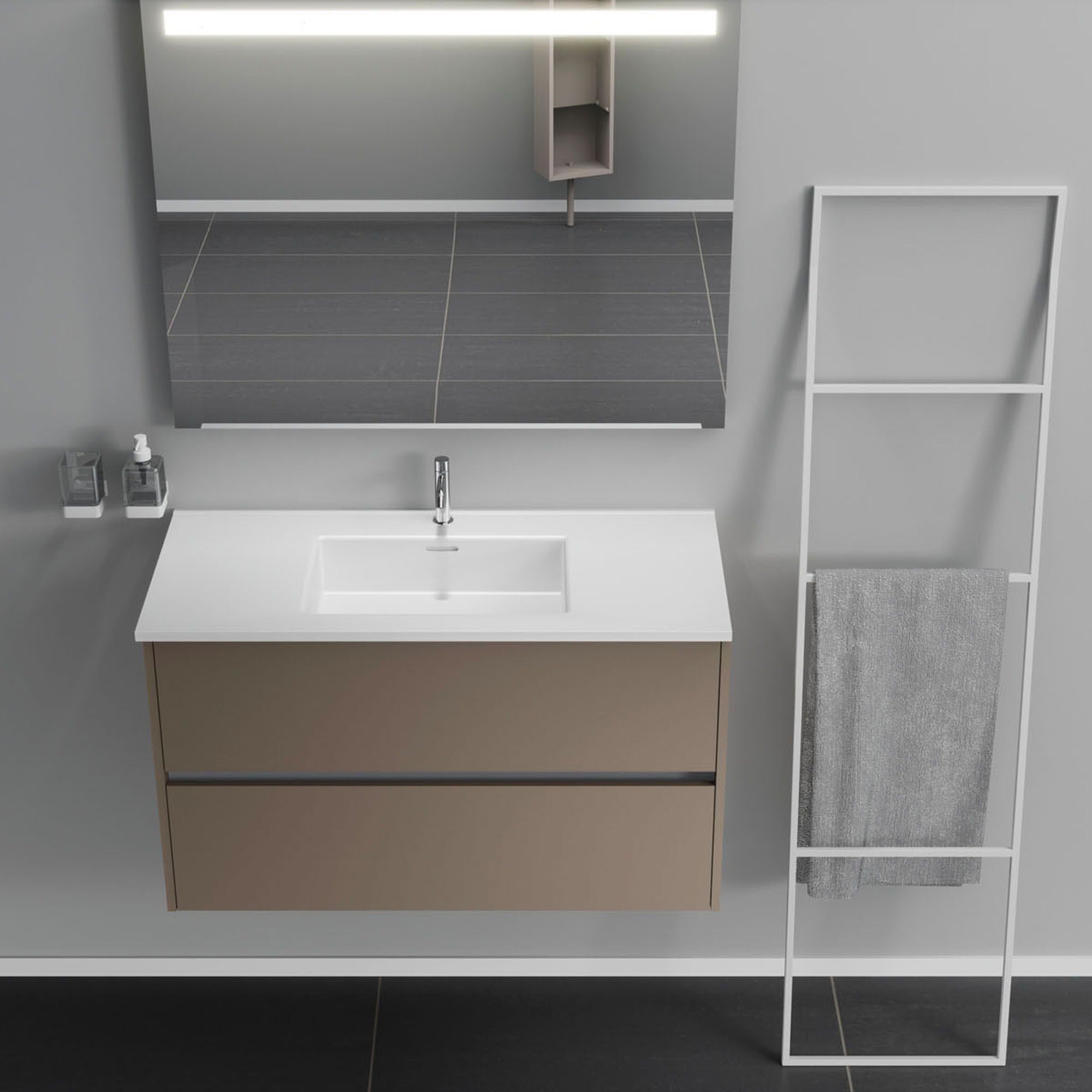 Inda - Mobile bagno 2 cassetti L.100 con lavabo specchio illuminato - Visone opaco