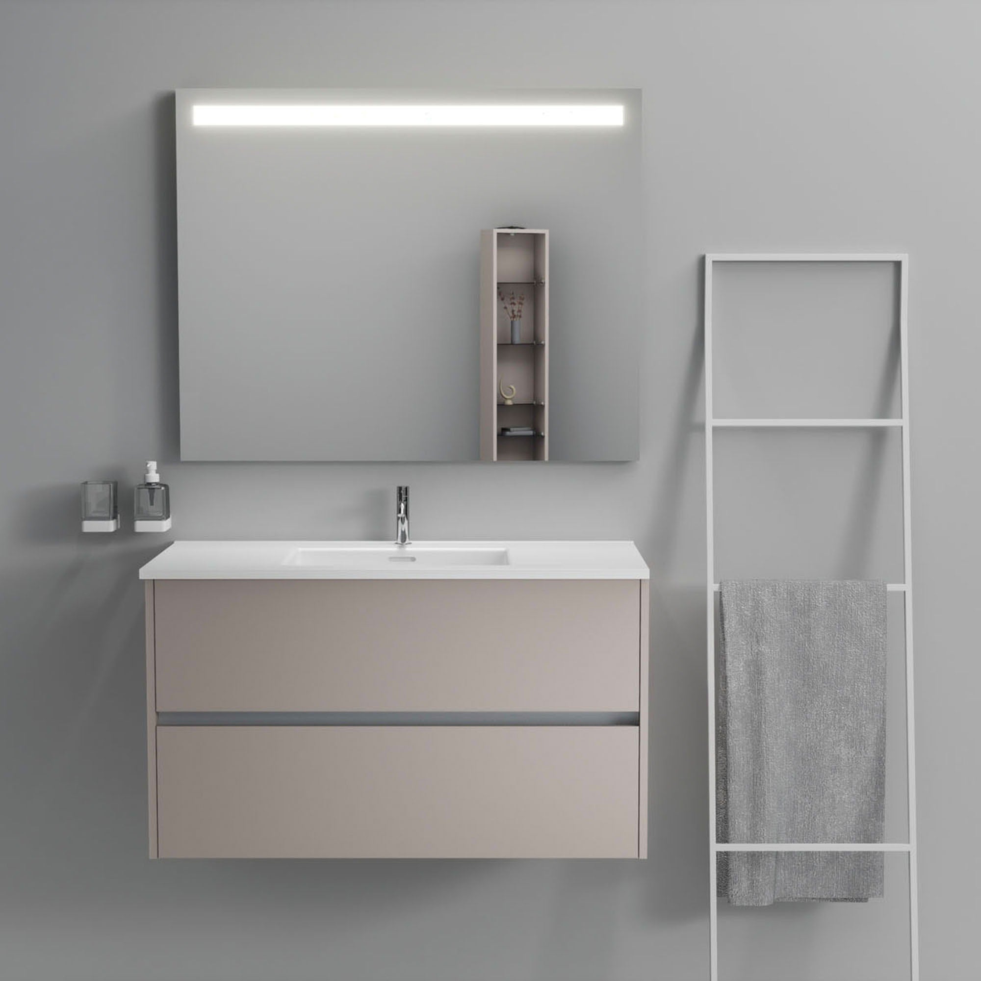 Inda - Mobile bagno 2 cassetti L.100 con lavabo specchio illuminato - Avorio opaco