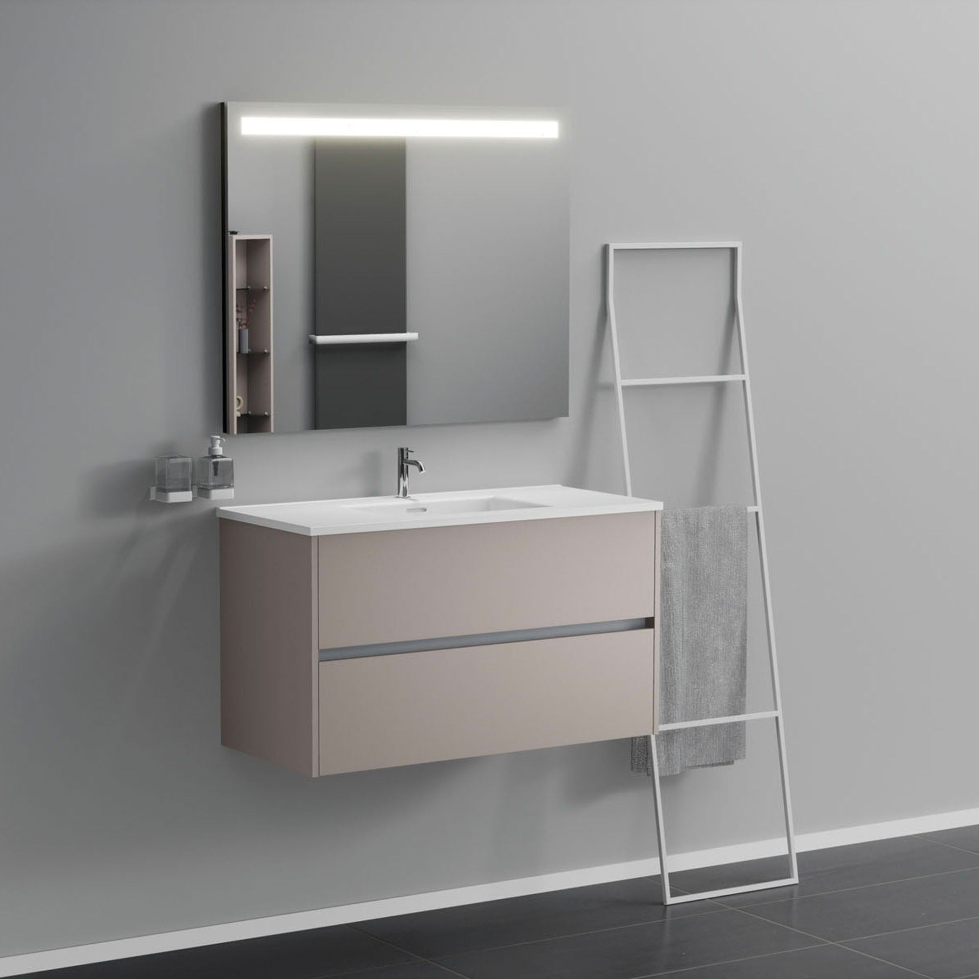 Inda - Mobile bagno 2 cassetti L.100 con lavabo specchio illuminato - Avorio opaco