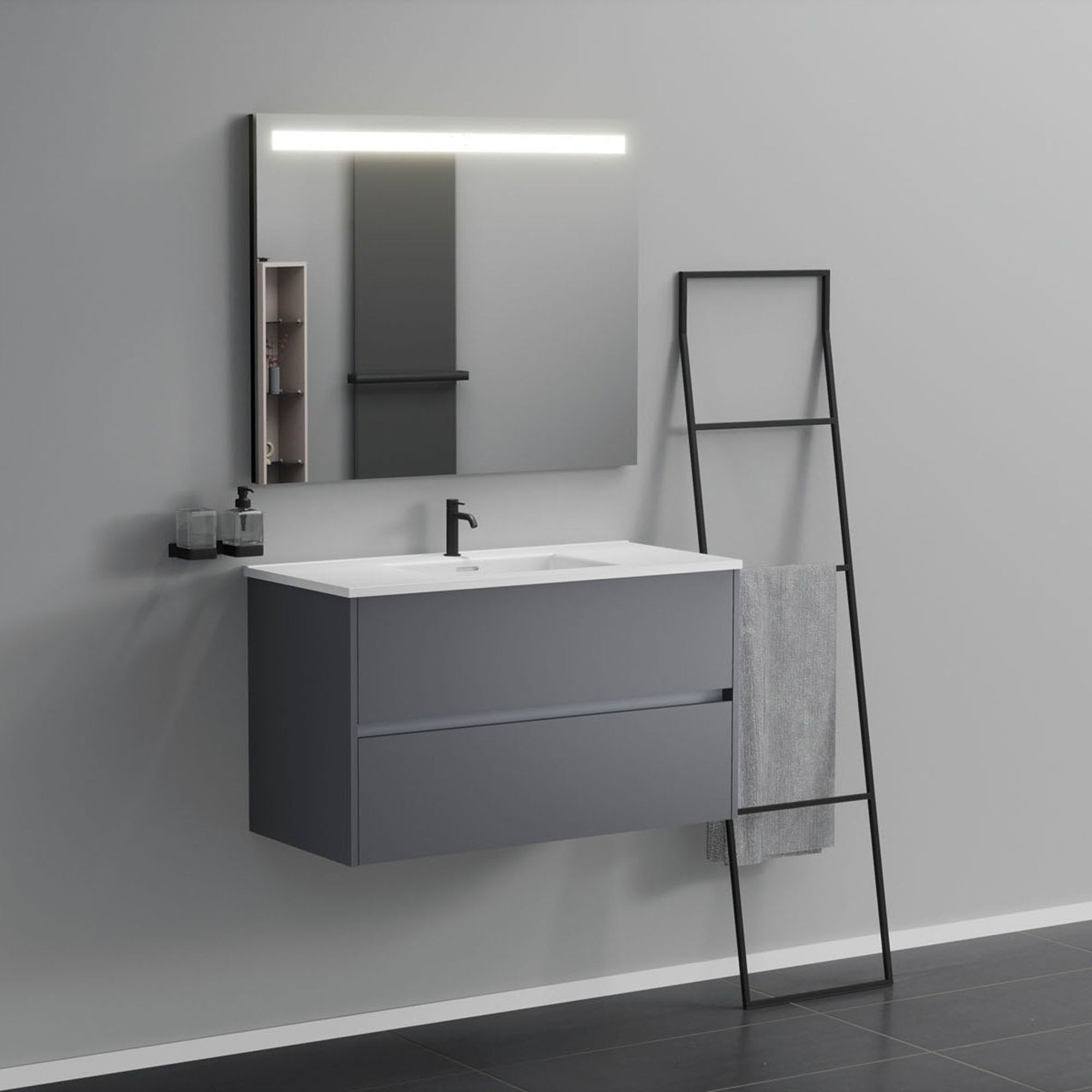 Inda - Mobile bagno 2 cassetti L.100 con lavabo specchio illuminato - Titanio opaco